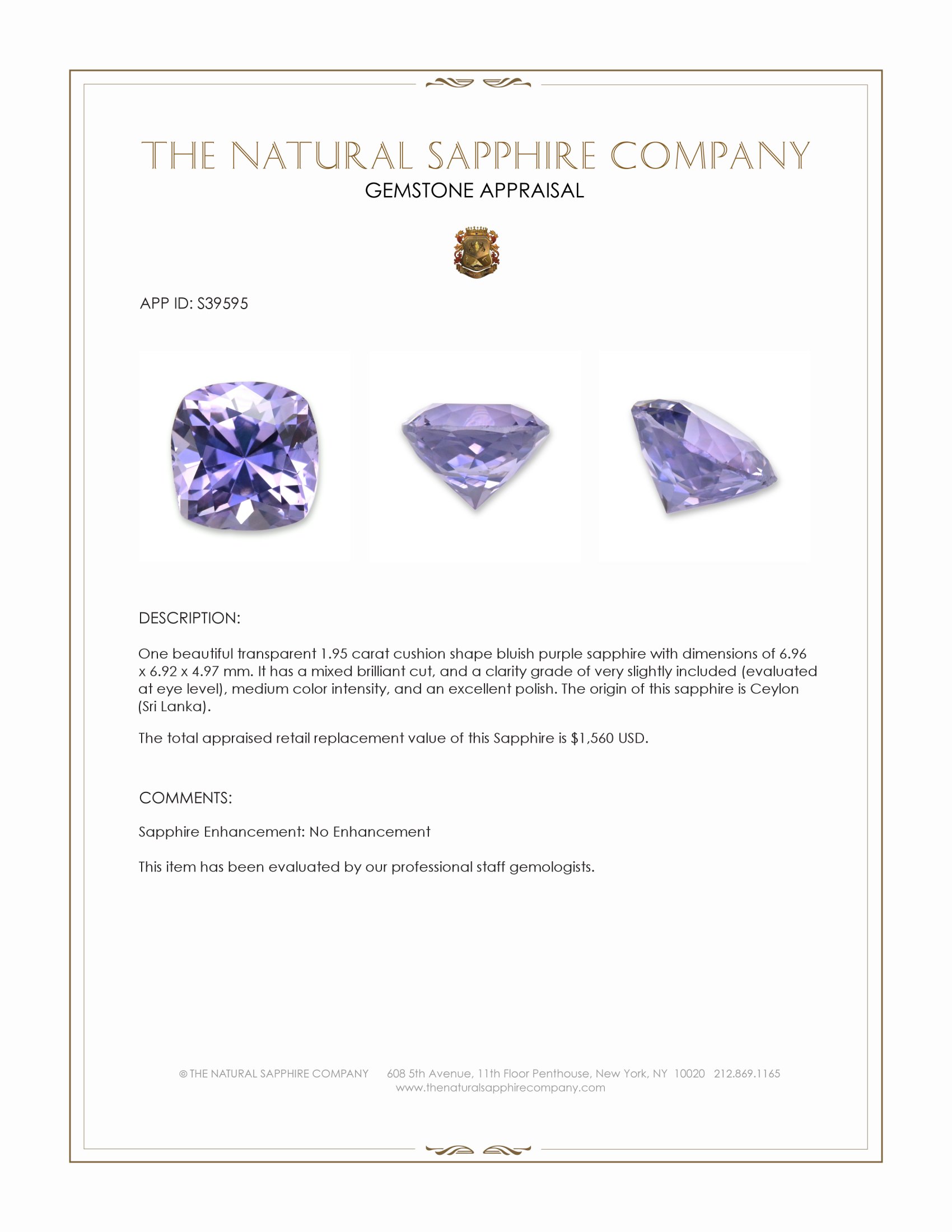 1.95 Ct. Bluish Purple Sapphire from Ceylon (Sri Lanka)
