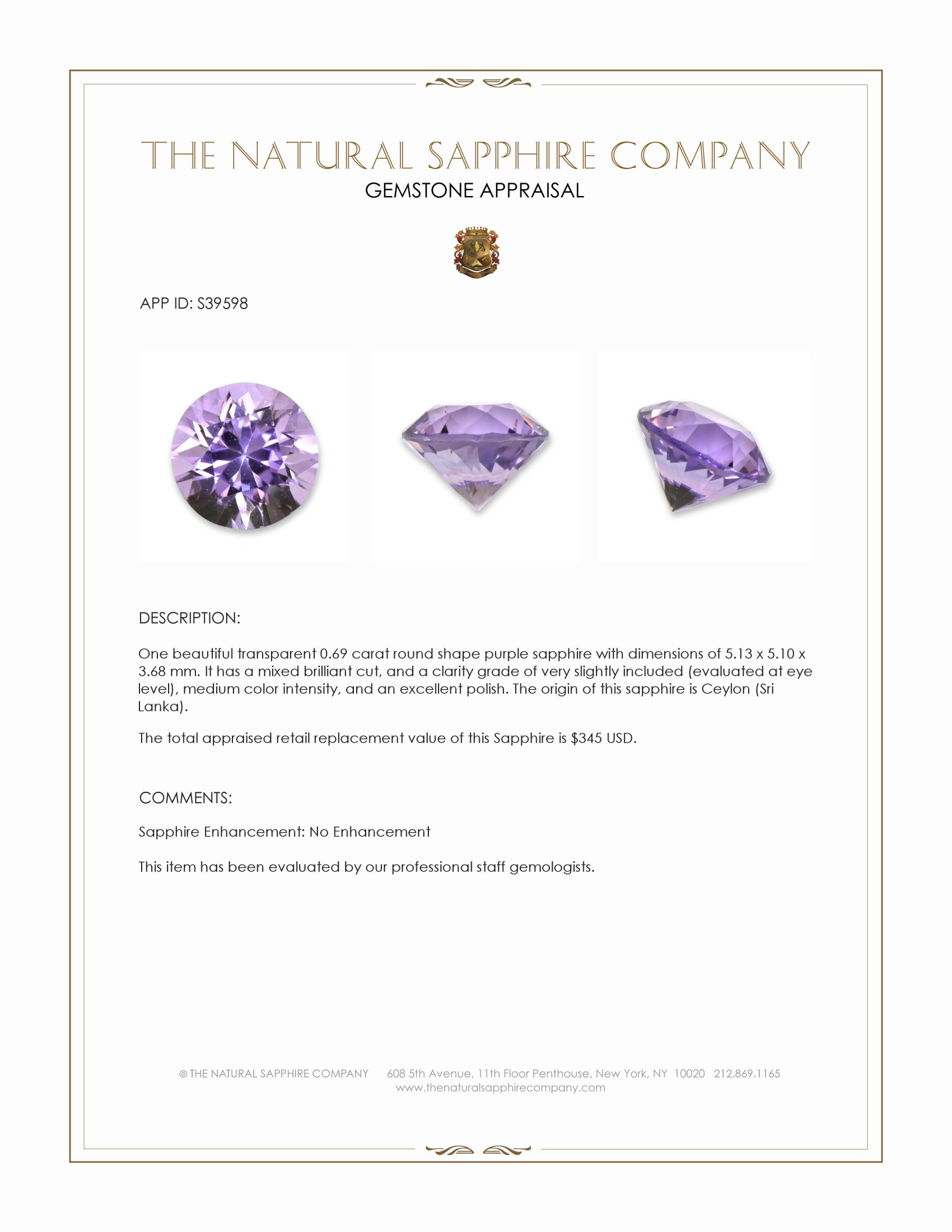 0.69 Ct. Purple Sapphire from Ceylon (Sri Lanka)