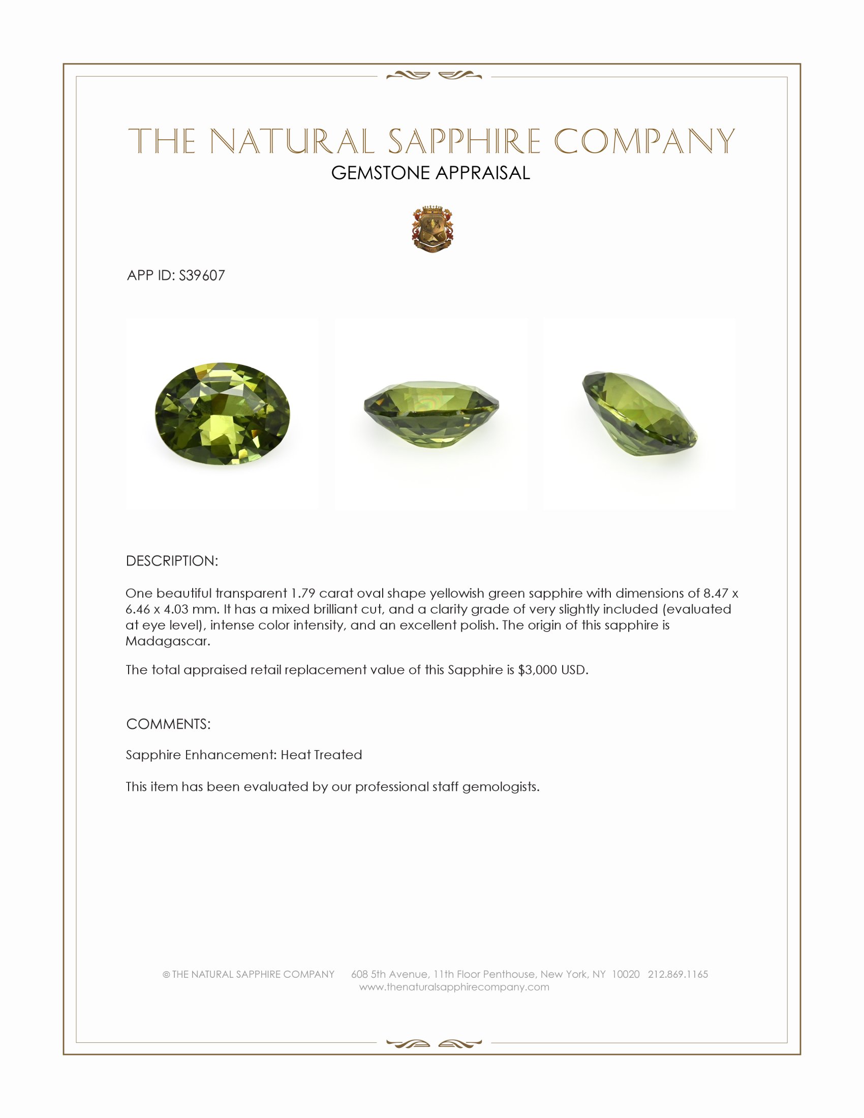 1.79 Ct. Yellowish Green Sapphire from Madagascar