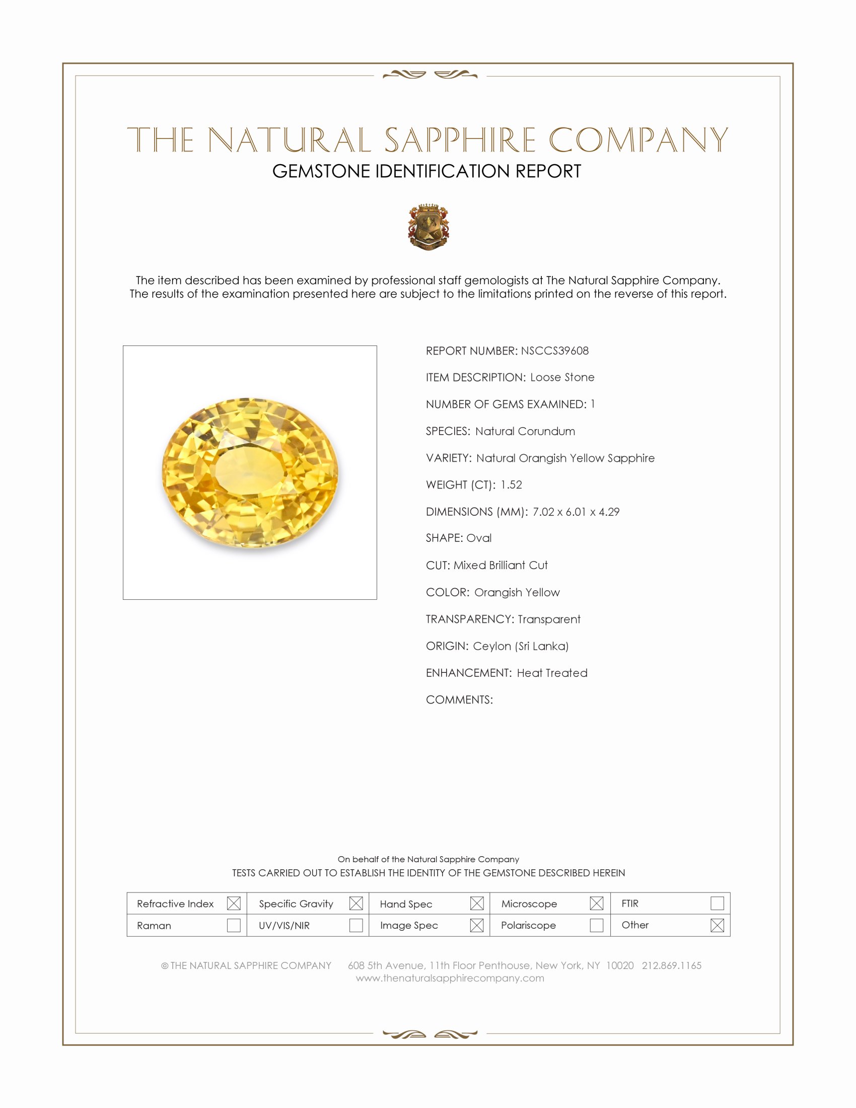 1.52 Ct. Orangish Yellow Sapphire from Ceylon (Sri Lanka)