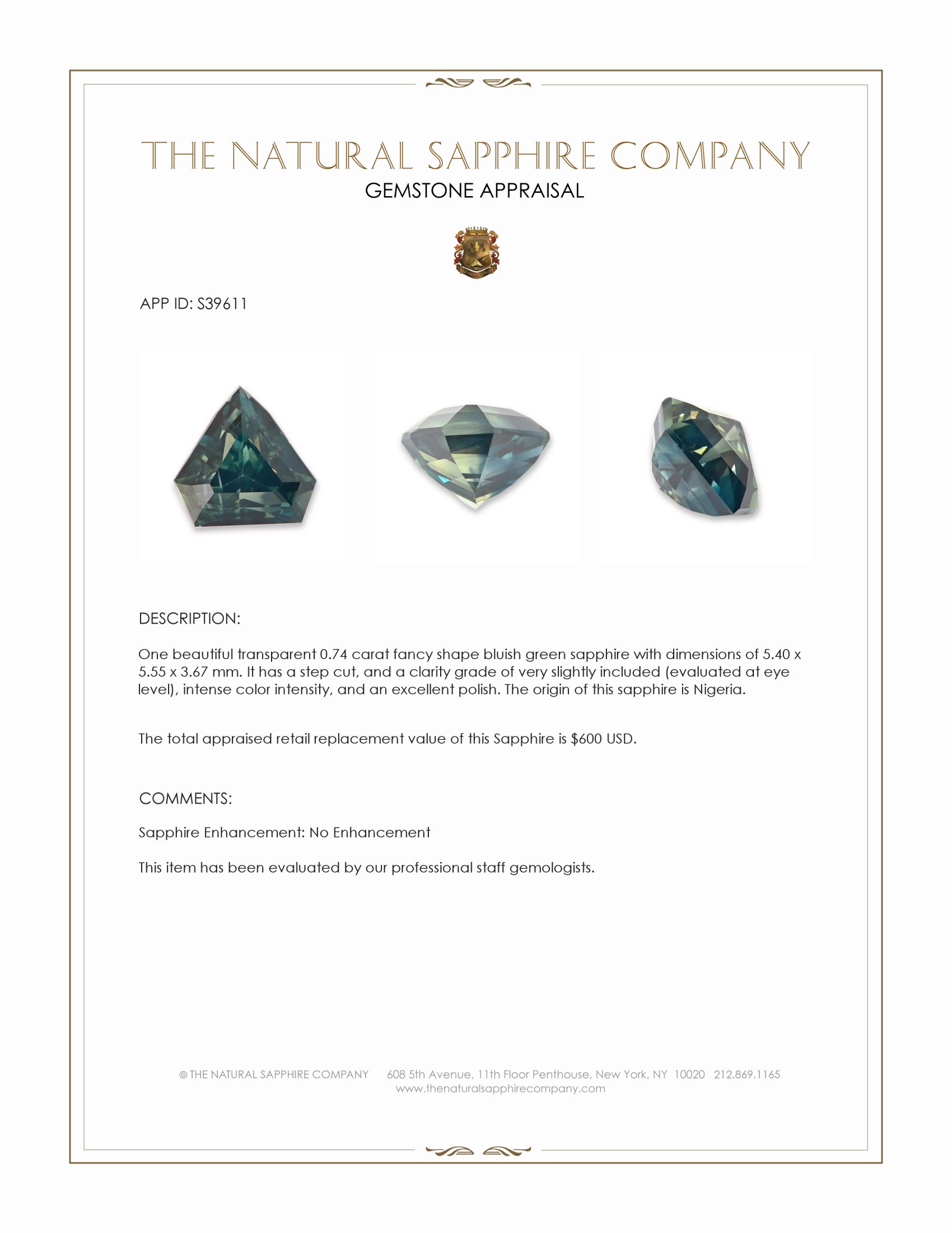 0.74 Ct. Bluish Green Sapphire from Nigeria