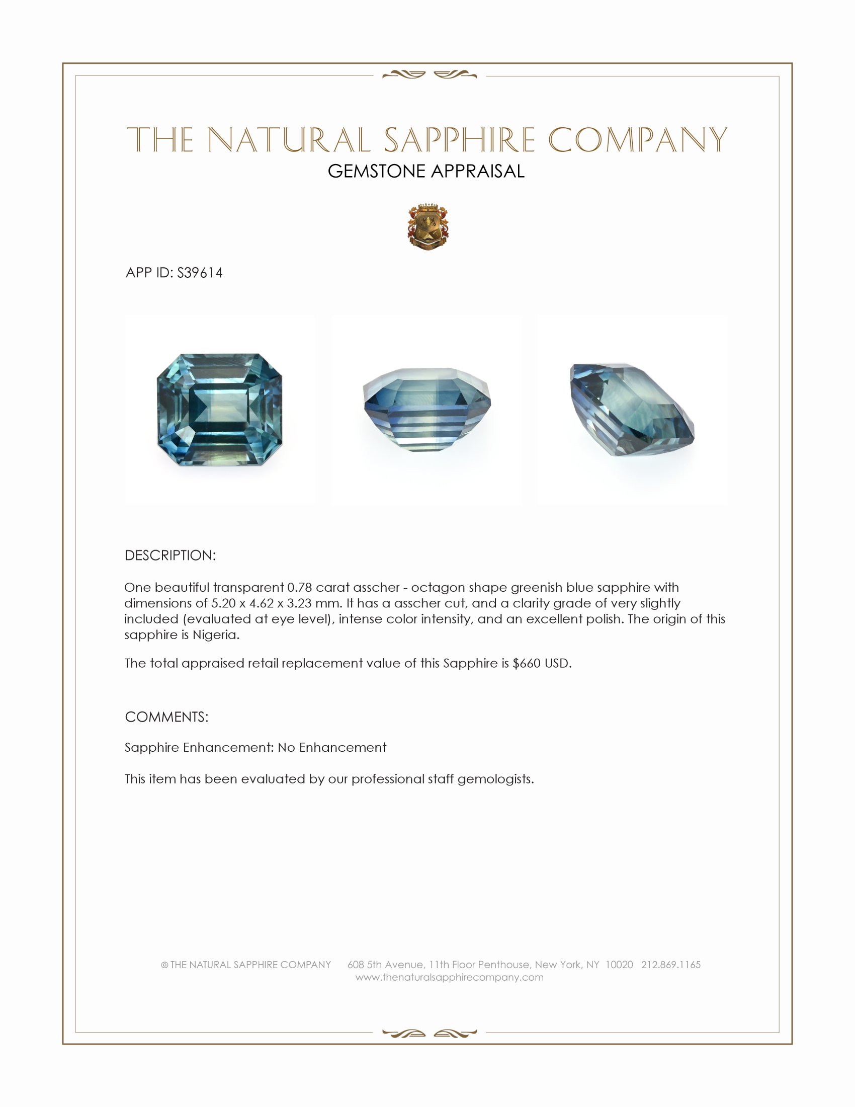 0.78 Ct. Greenish Blue Sapphire from Nigeria
