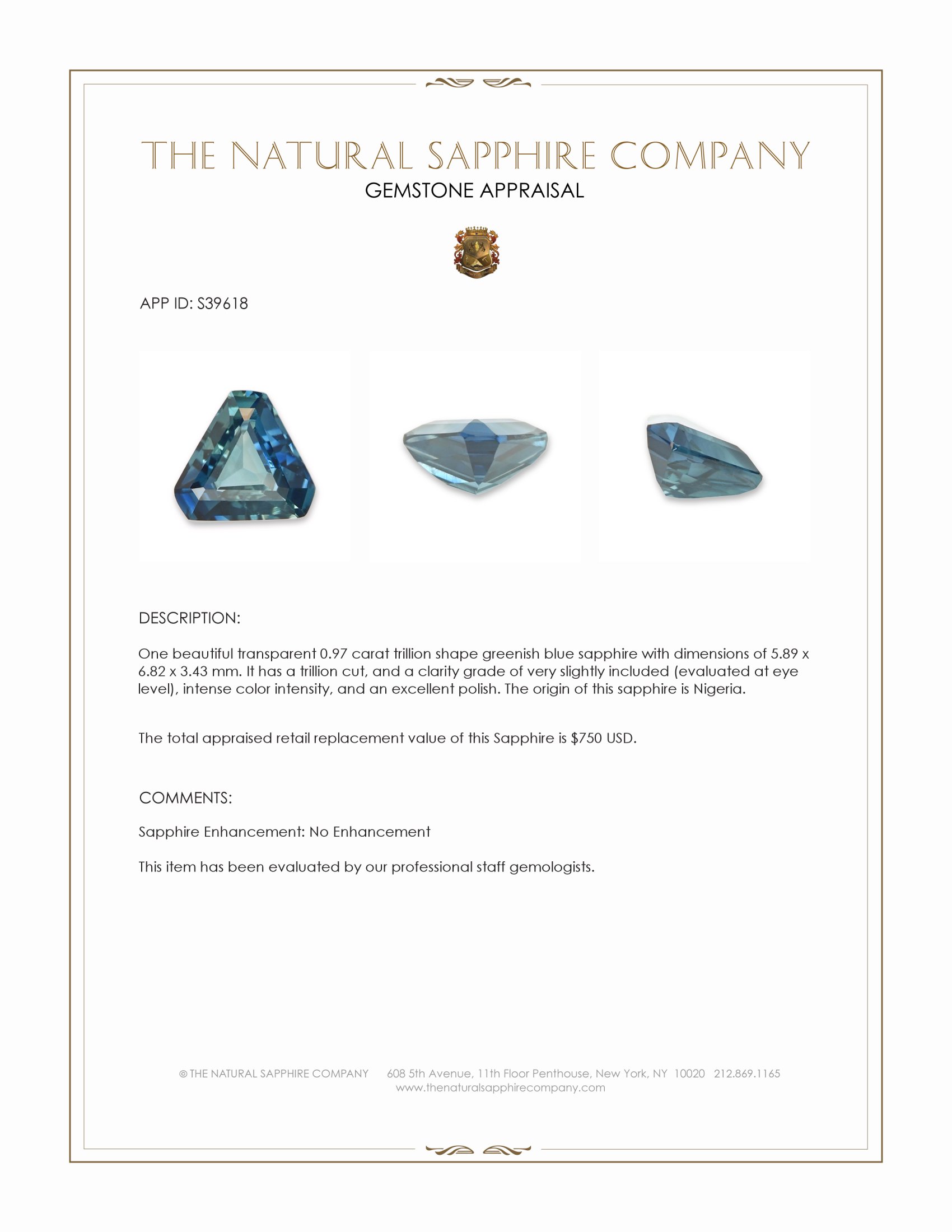 0.97 Ct. Greenish Blue Sapphire from Nigeria