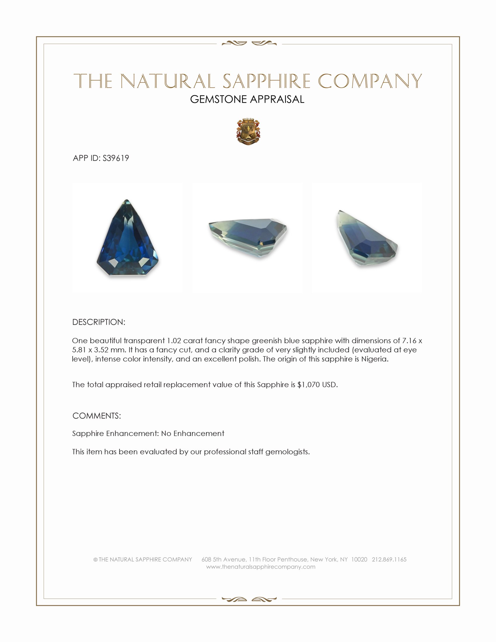 1.02 Ct. Greenish Blue Sapphire from Nigeria