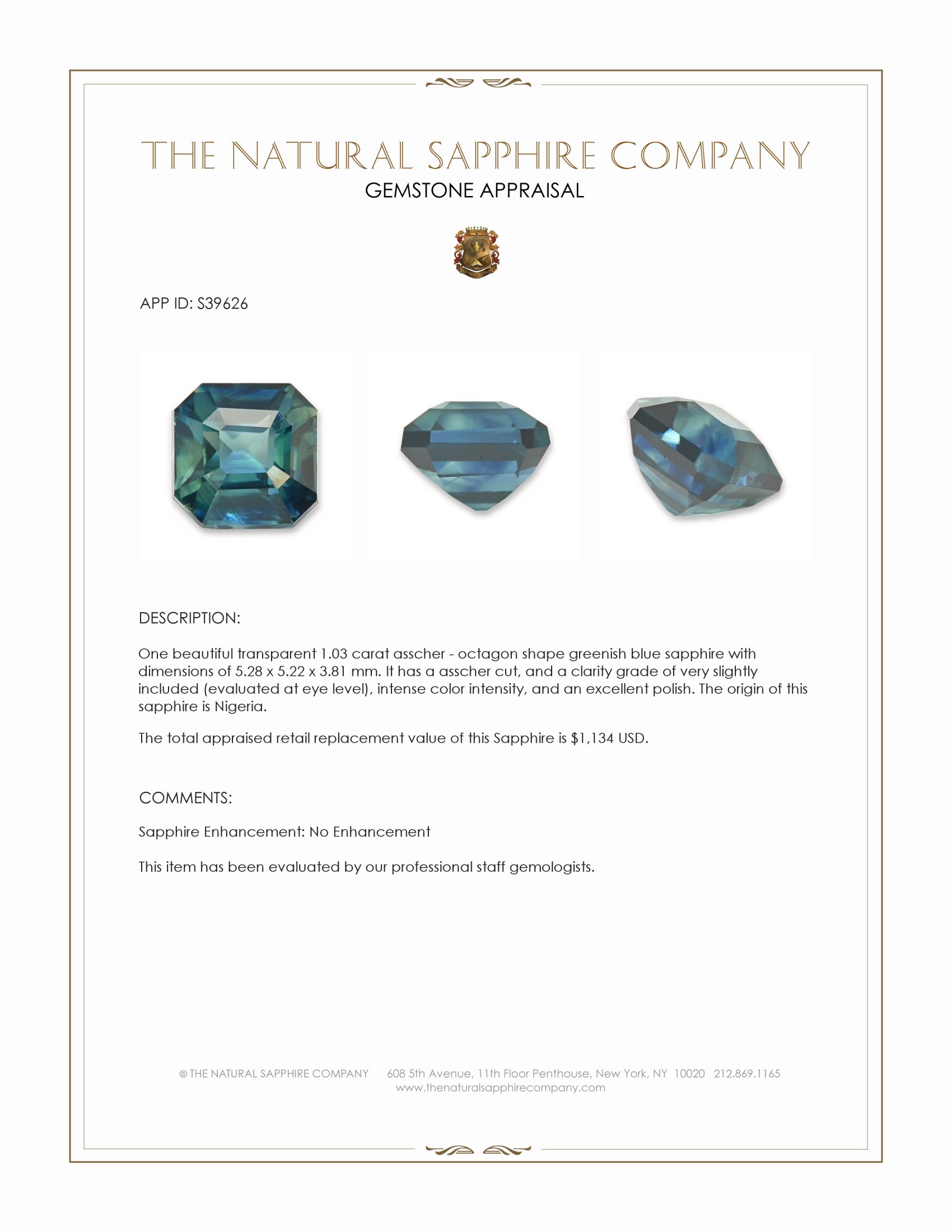 1.03 Ct. Greenish Blue Sapphire from Nigeria