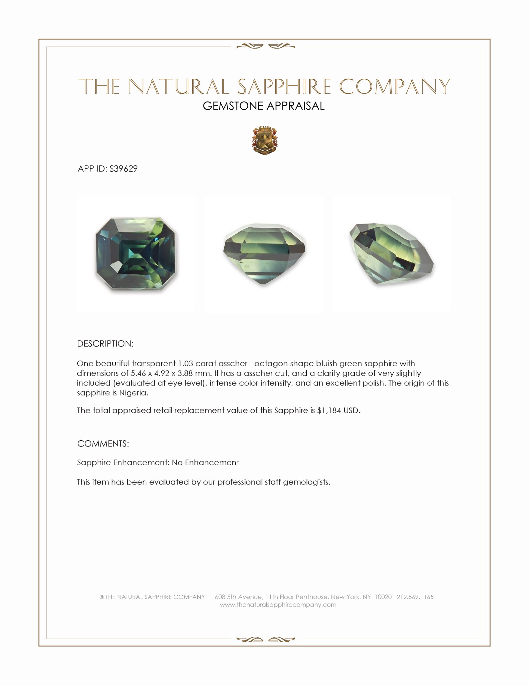 1.03 Ct. Bluish Green Sapphire from Nigeria