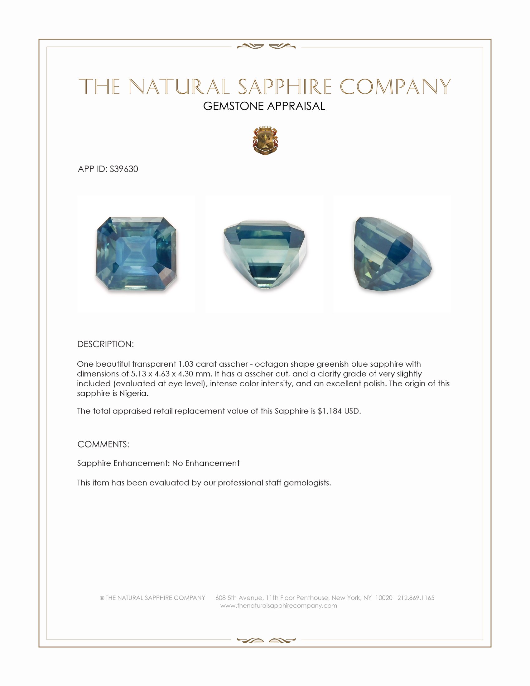 1.03 Ct. Greenish Blue Sapphire from Nigeria