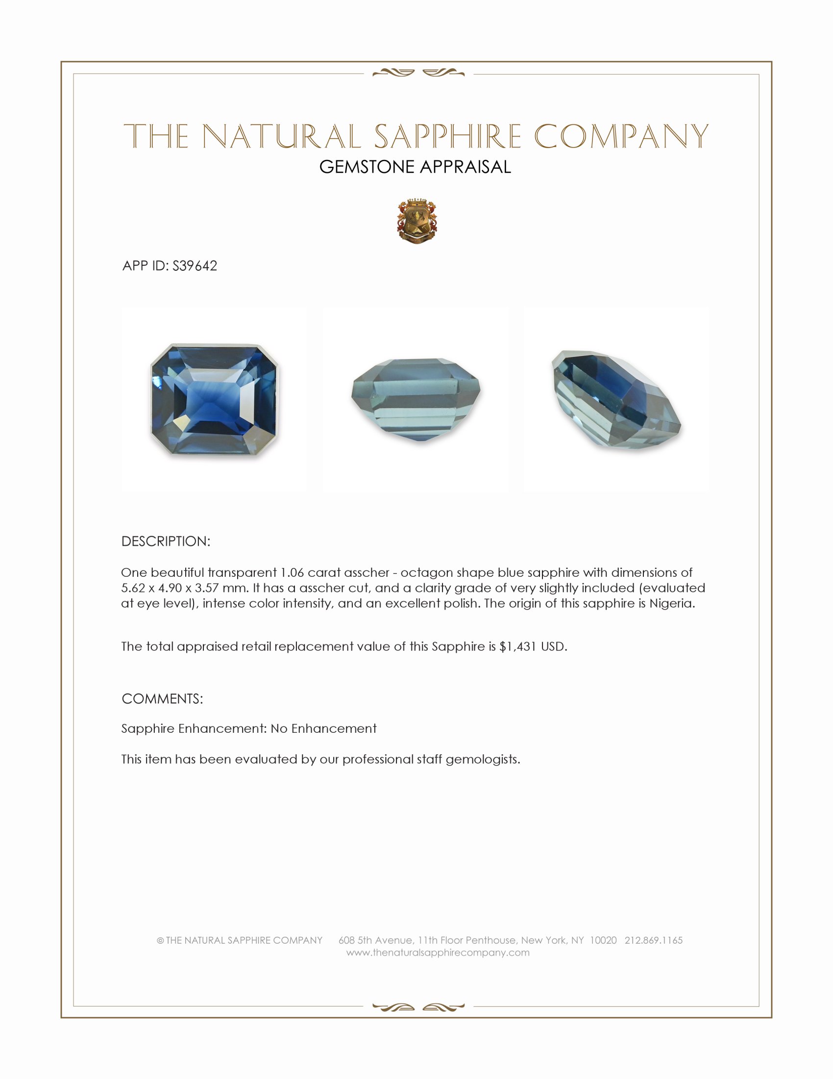 1.06 Ct. Blue Sapphire from Nigeria