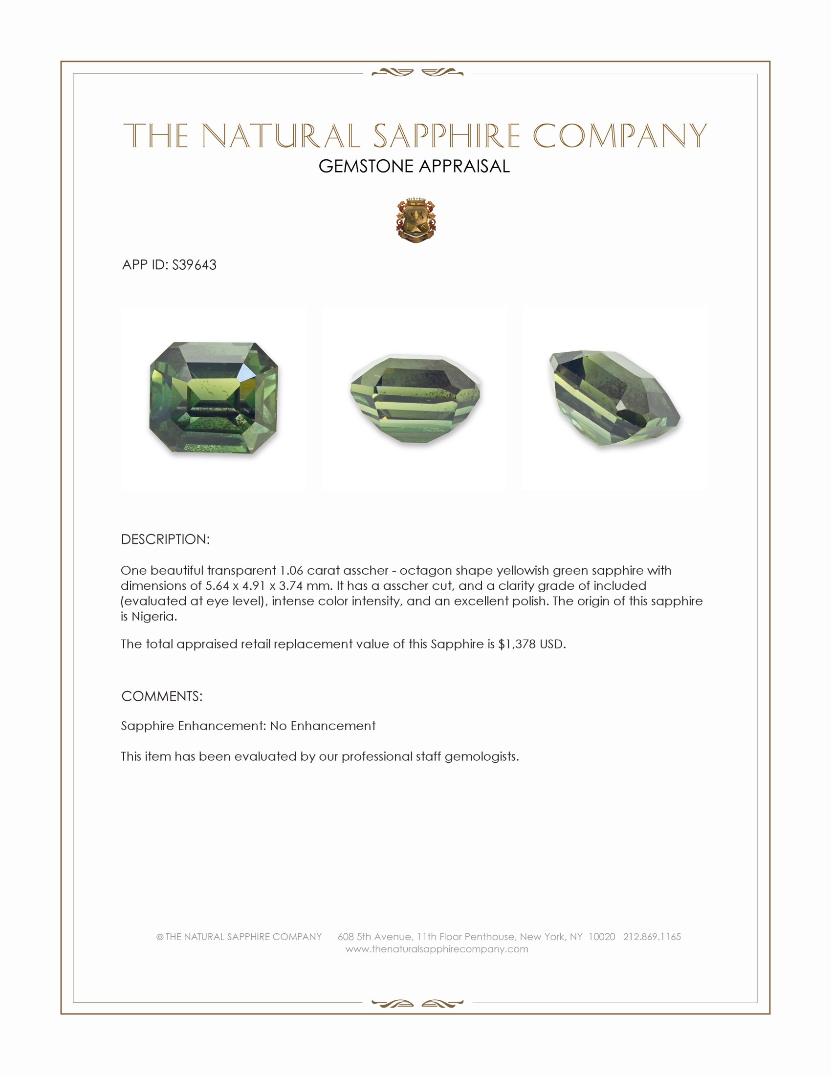 1.06 Ct. Yellowish Green Sapphire from Nigeria