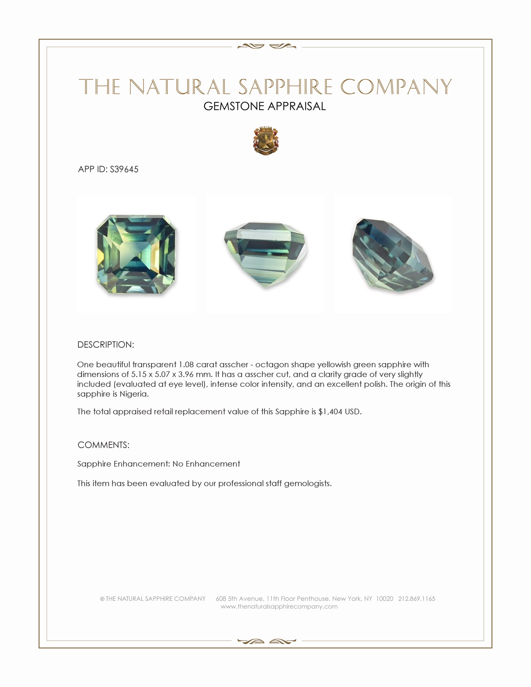 1.08 Ct. Yellowish Green Sapphire from Nigeria