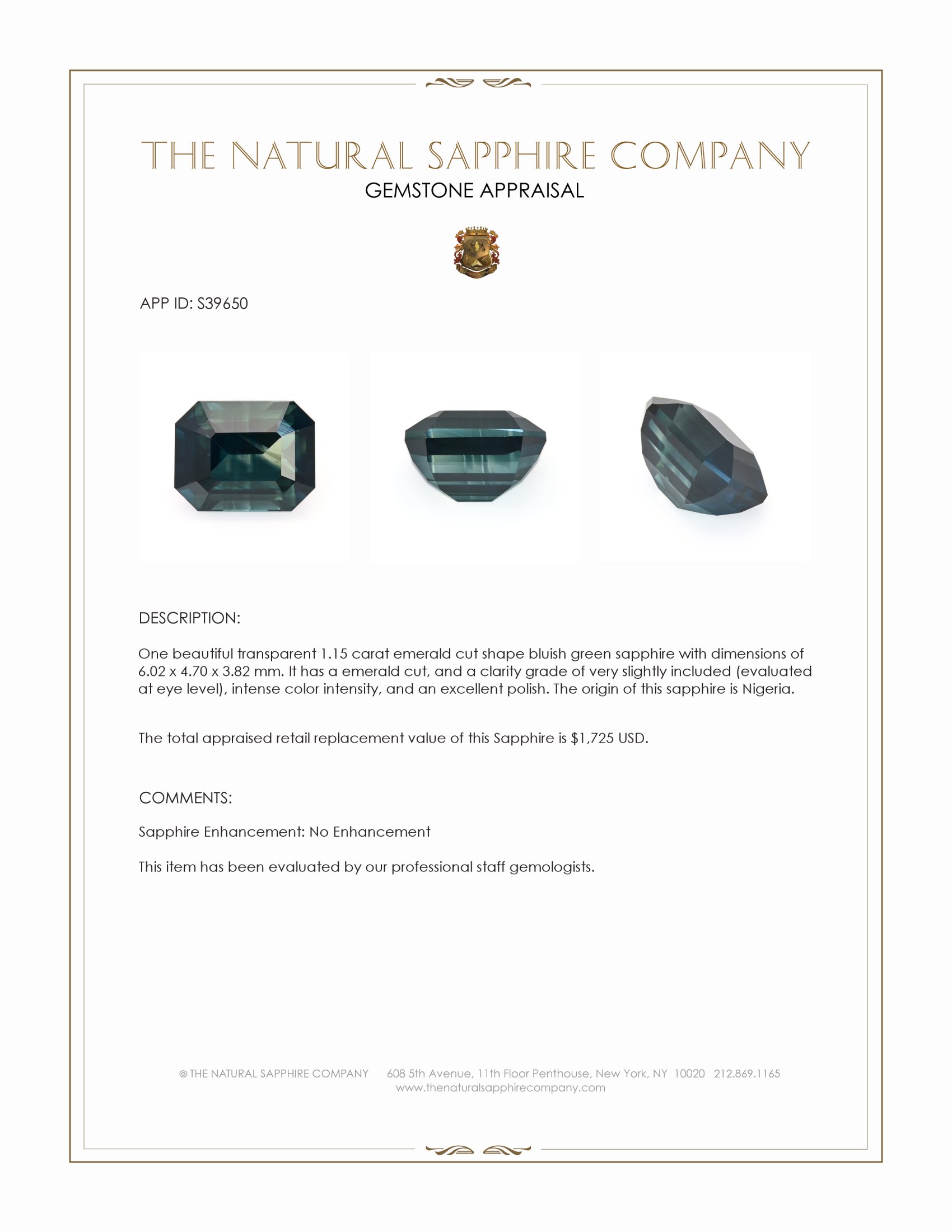 1.15 Ct. Bluish Green Sapphire from Nigeria