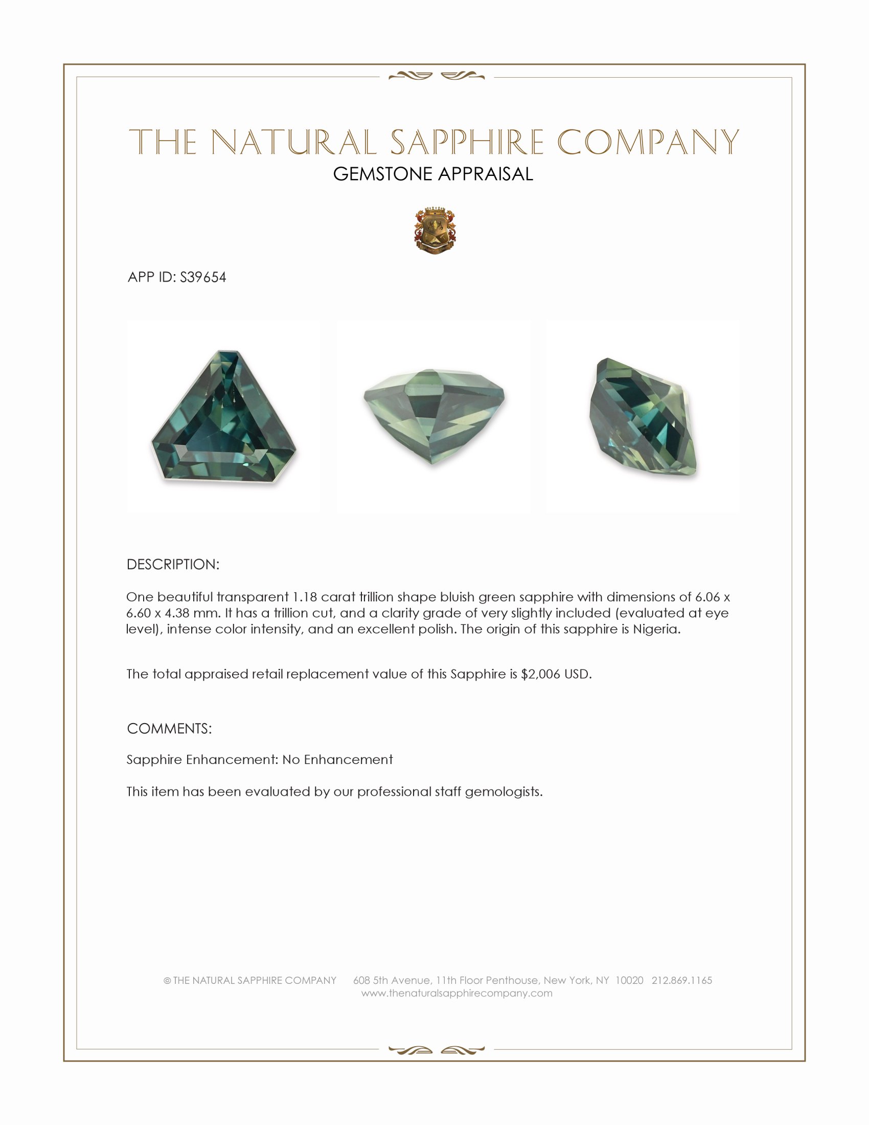 1.18 Ct. Bluish Green Sapphire from Nigeria