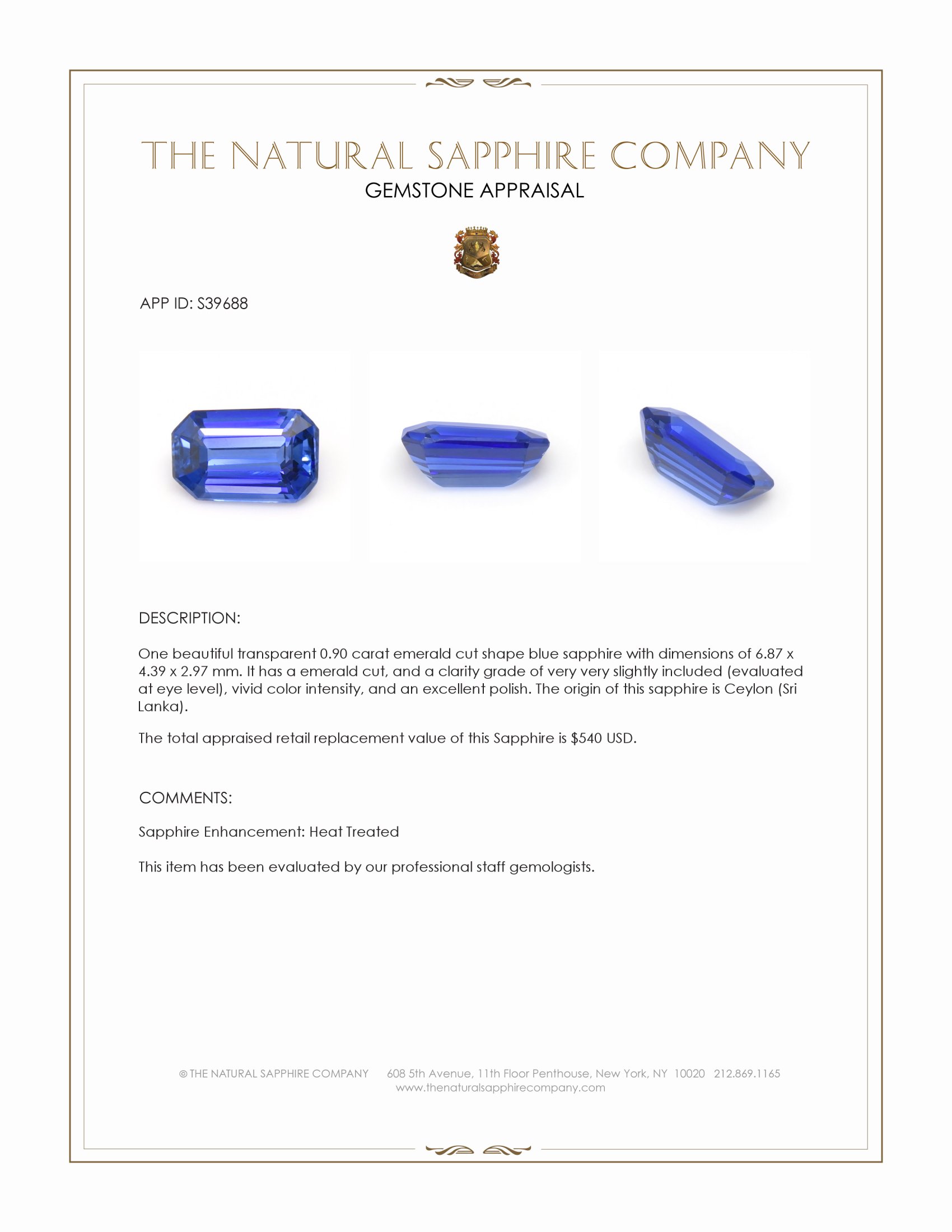 0.90 Ct. Blue Sapphire from Ceylon (Sri Lanka)