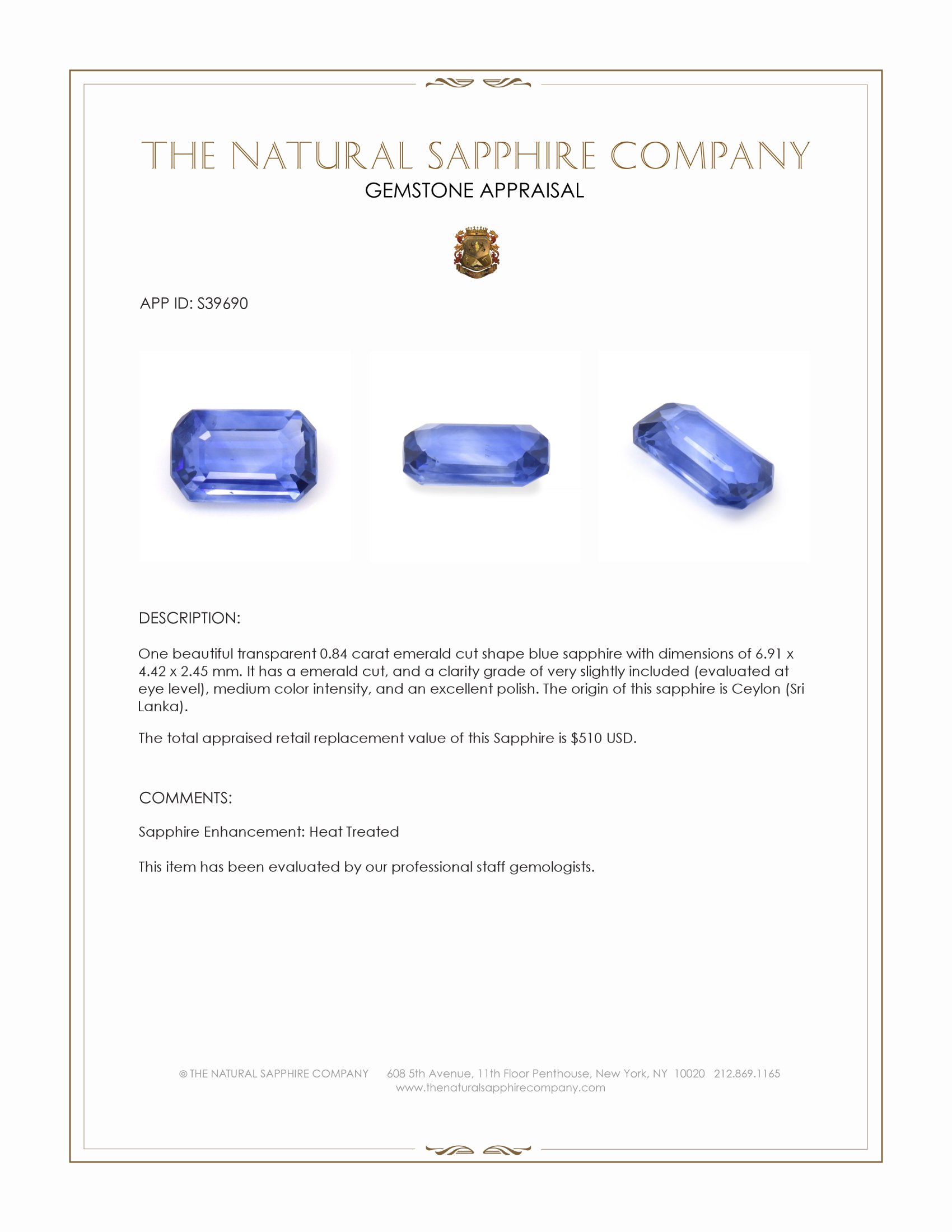 0.84 Ct. Blue Sapphire from Ceylon (Sri Lanka)