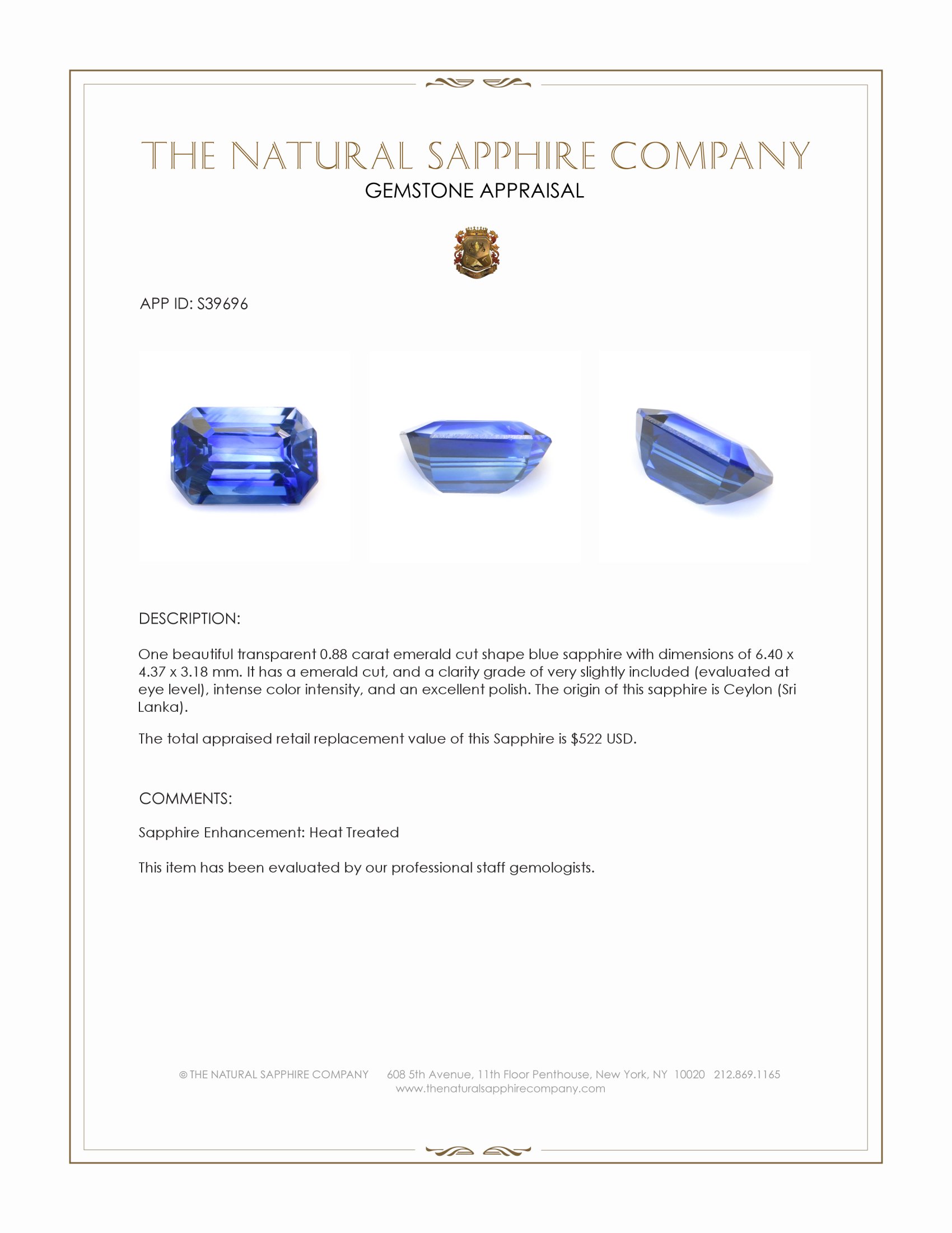 0.88 Ct. Blue Sapphire from Ceylon (Sri Lanka)