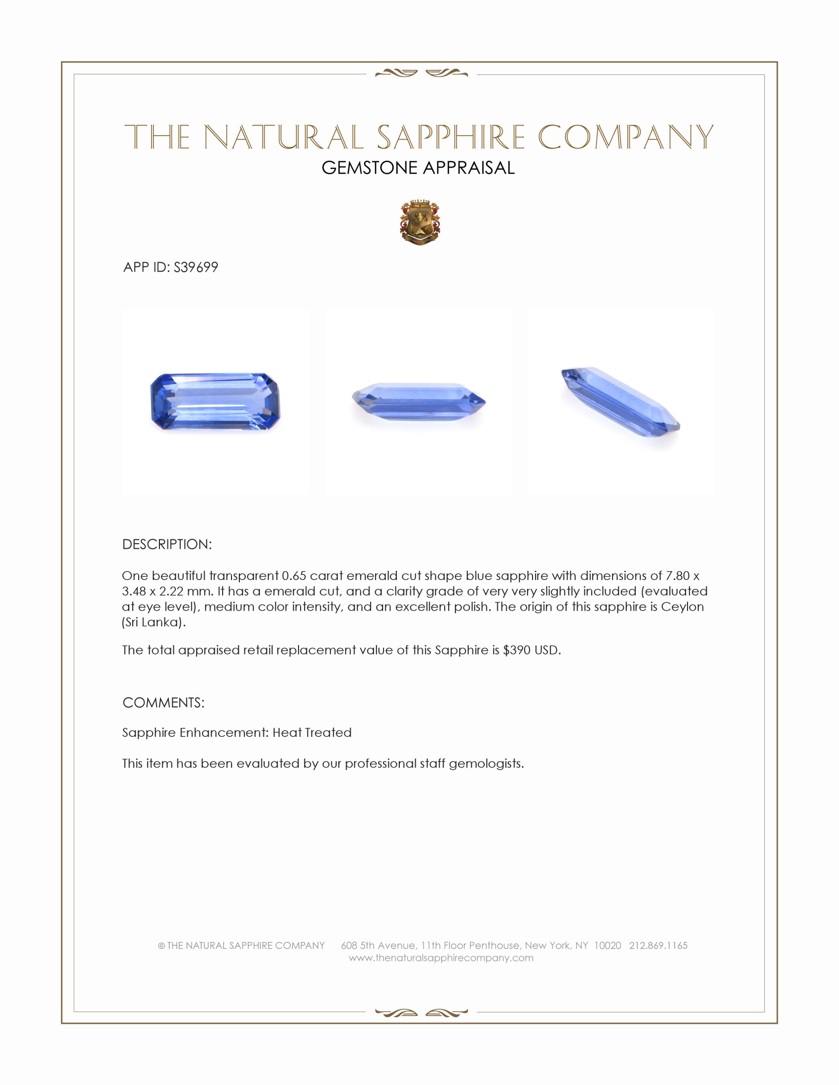 0.65 Ct. Blue Sapphire from Ceylon (Sri Lanka)