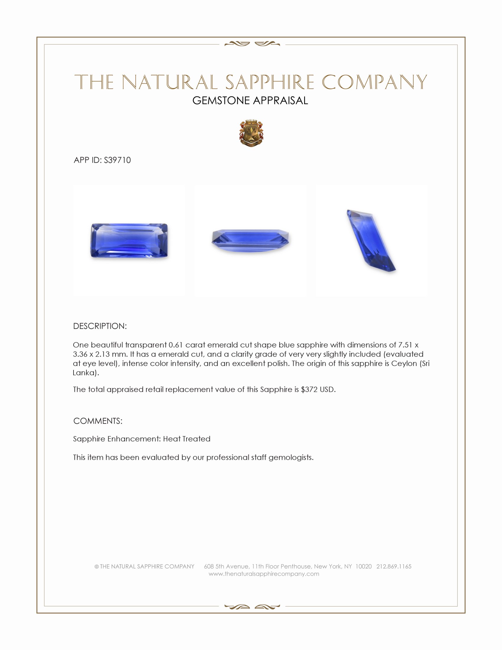 0.61 Ct. Blue Sapphire from Ceylon (Sri Lanka)