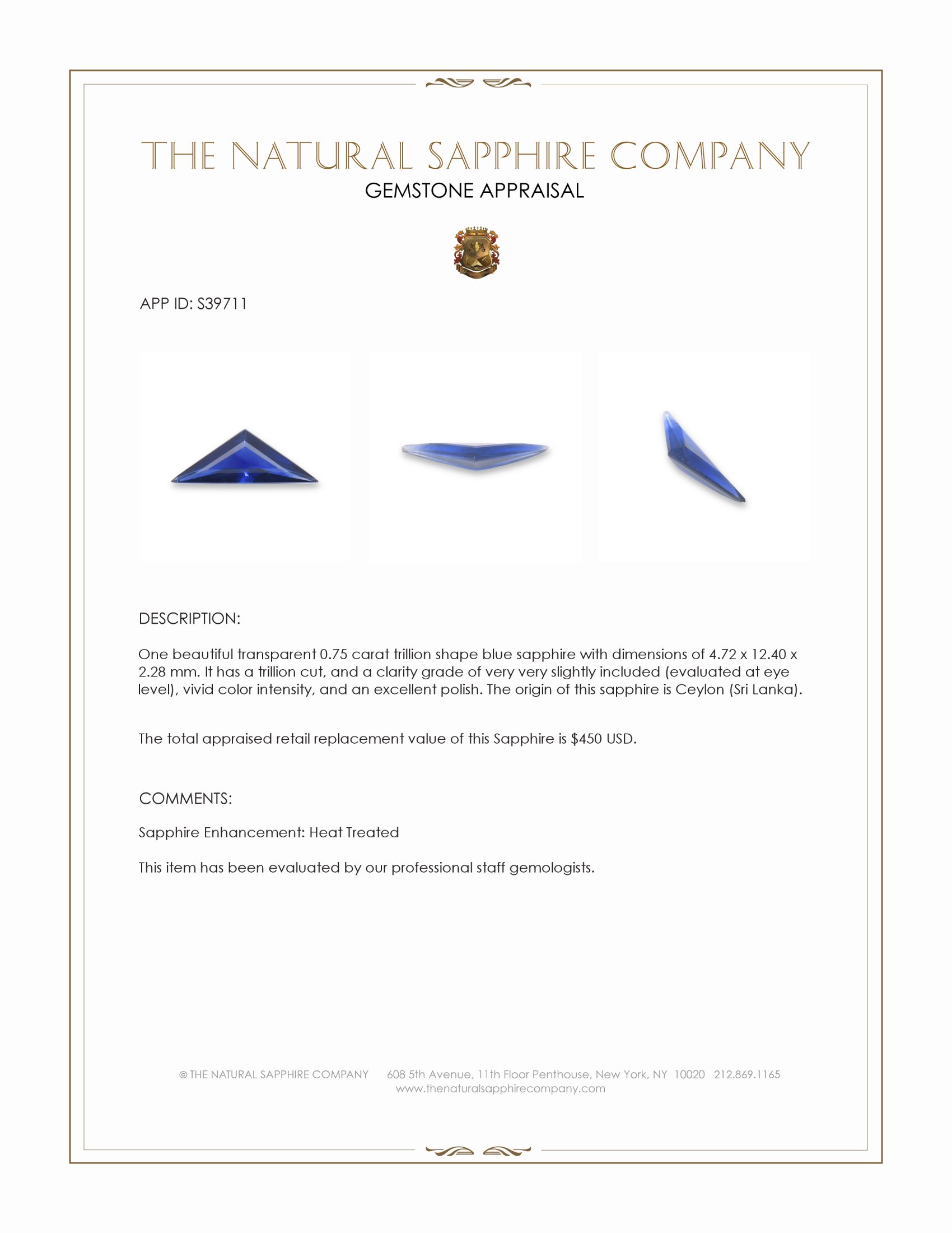 0.75 Ct. Blue Sapphire from Ceylon (Sri Lanka)