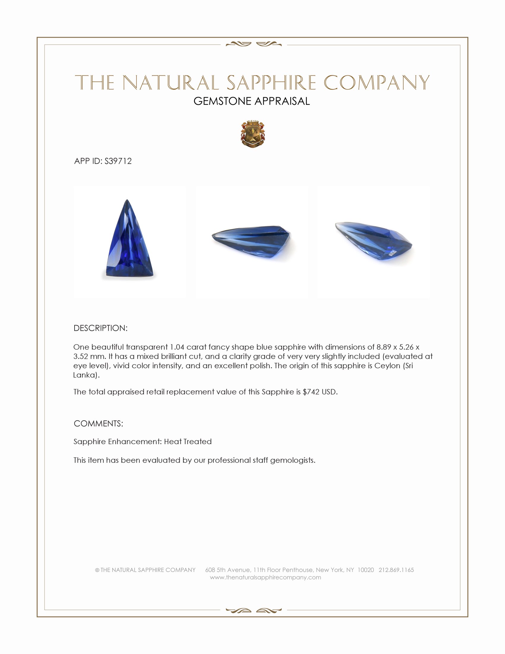 1.04 Ct. Blue Sapphire from Ceylon (Sri Lanka)