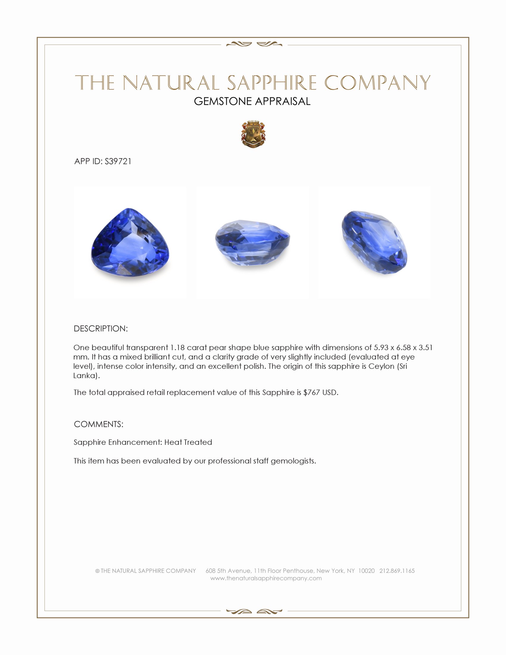 1.18 Ct. Blue Sapphire from Ceylon (Sri Lanka)