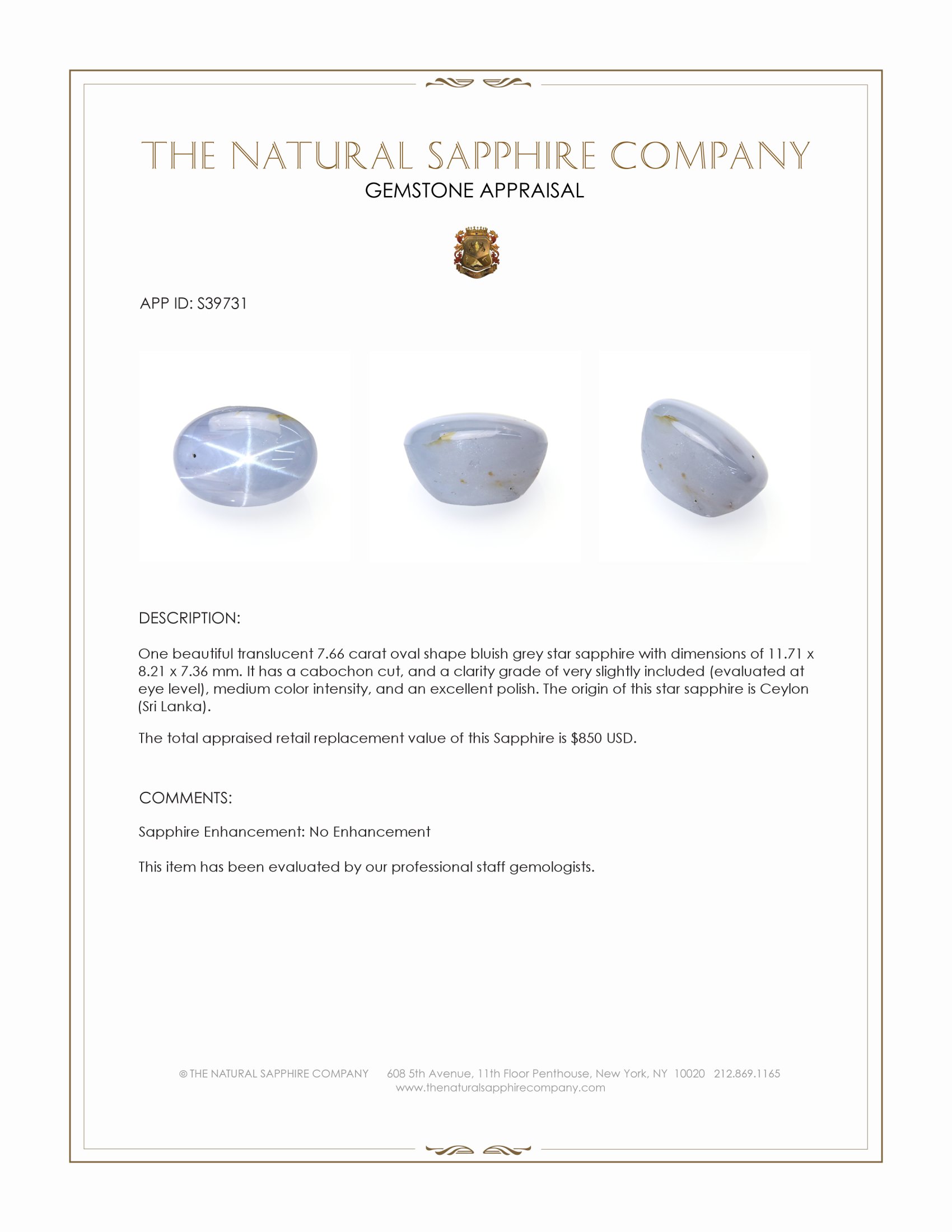7.66 Ct. Bluish Grey Star Sapphire from Ceylon (Sri Lanka)