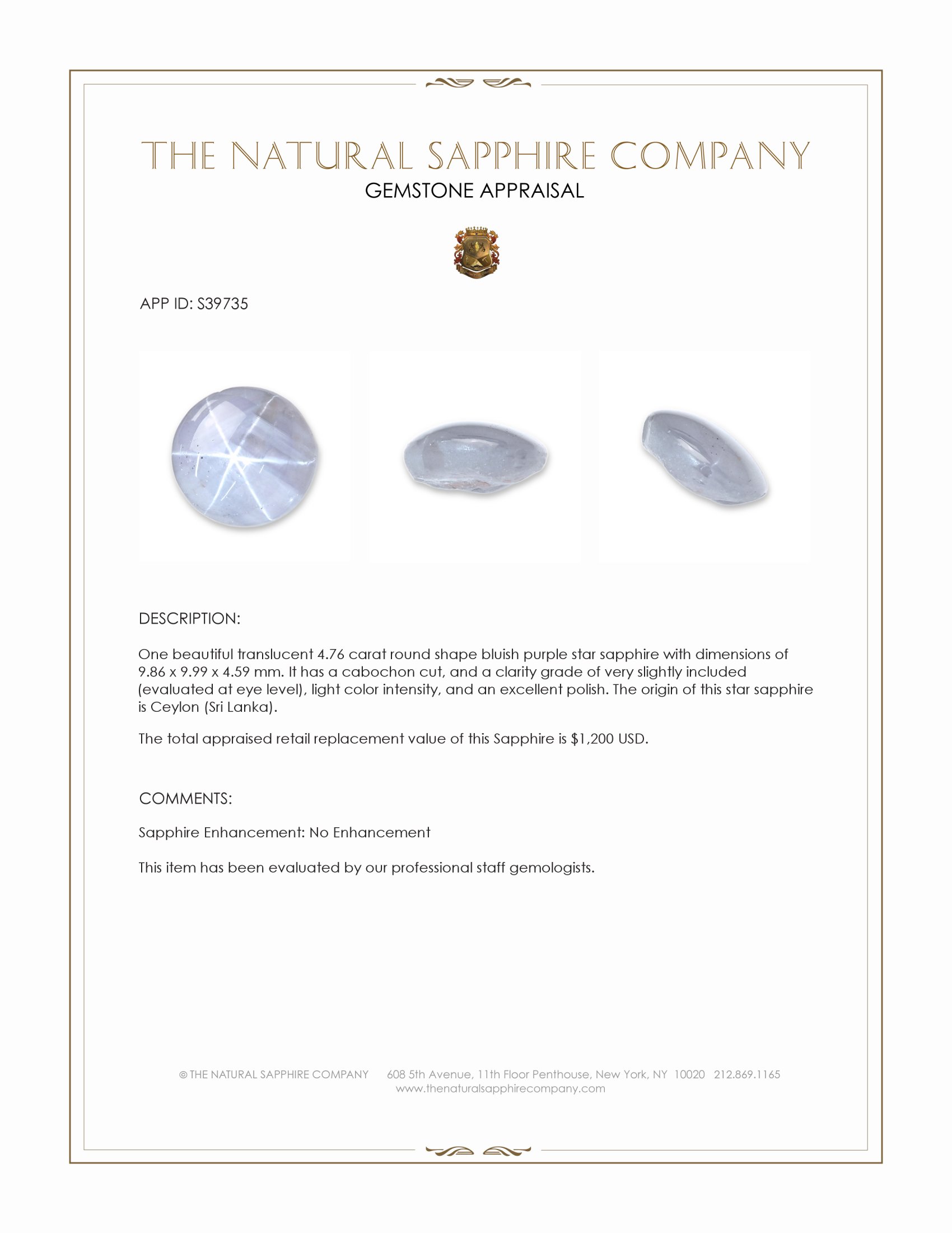 4.76 Ct. Bluish Purple Star Sapphire from Ceylon (Sri Lanka)