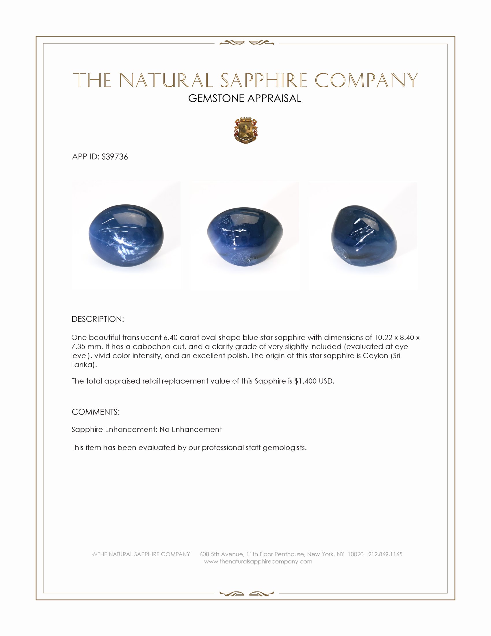 6.40 Ct. Blue Star Sapphire from Ceylon (Sri Lanka)