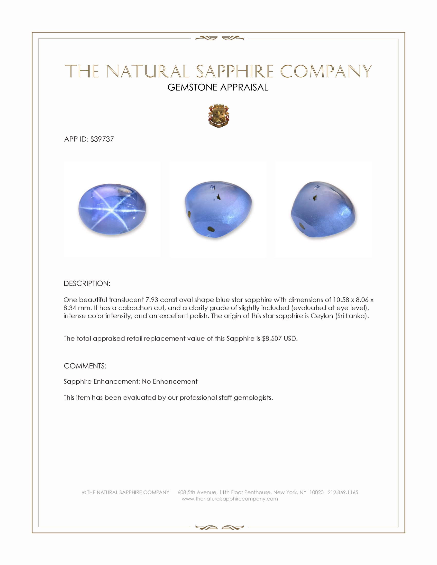 7.93 Ct. Blue Star Sapphire from Ceylon (Sri Lanka)