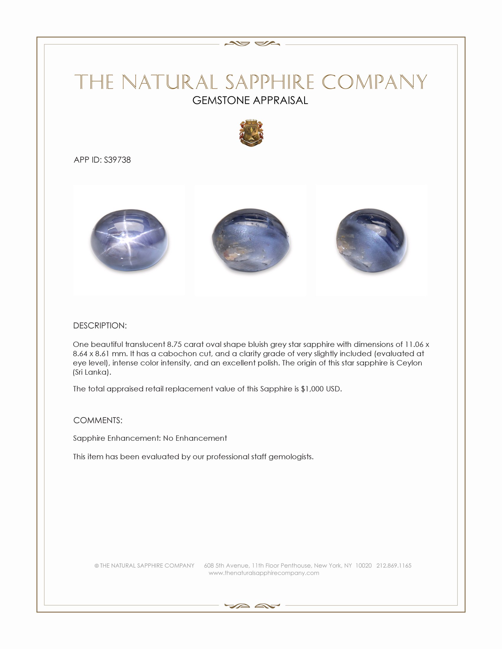 8.75 Ct. Bluish Grey Star Sapphire from Ceylon (Sri Lanka)