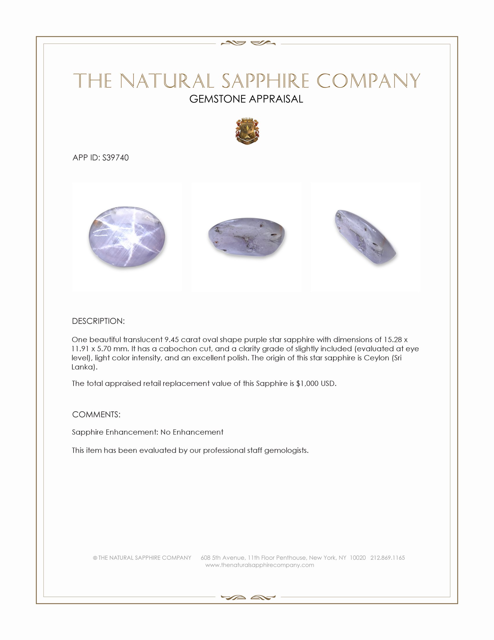 9.45 Ct. Purple Star Sapphire from Ceylon (Sri Lanka)
