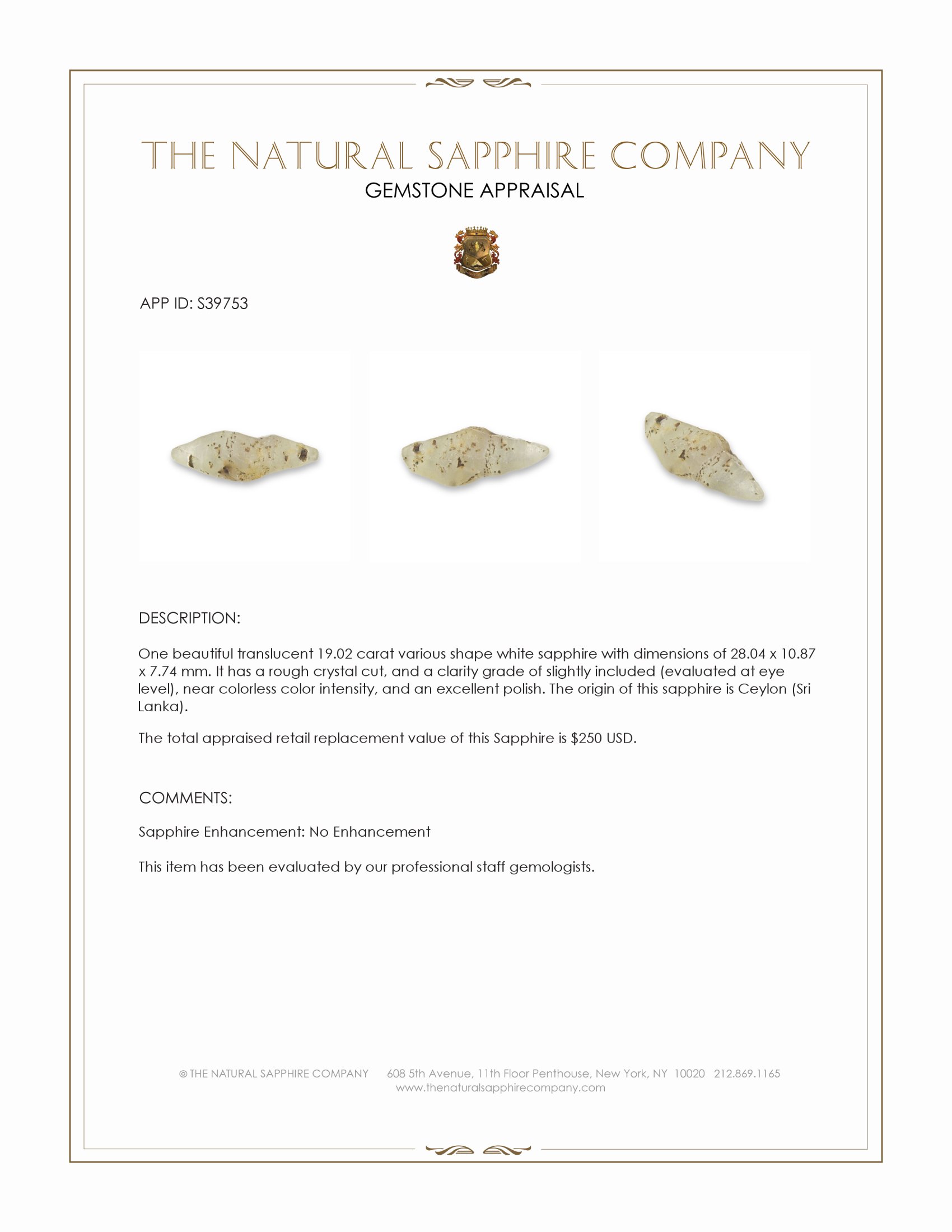 19.02 Ct. White Sapphire from Ceylon (Sri Lanka)