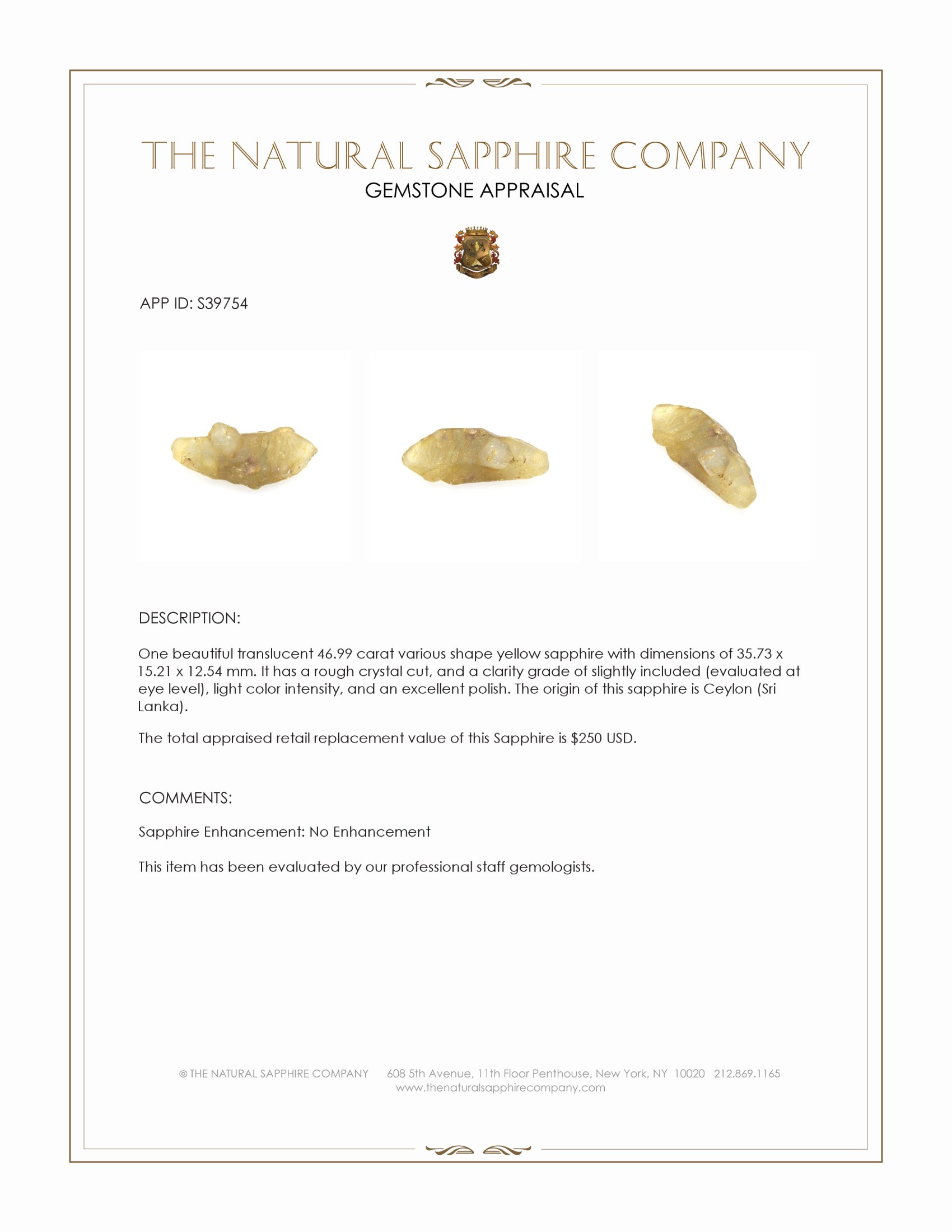 46.99 Ct. Yellow Sapphire from Ceylon (Sri Lanka)