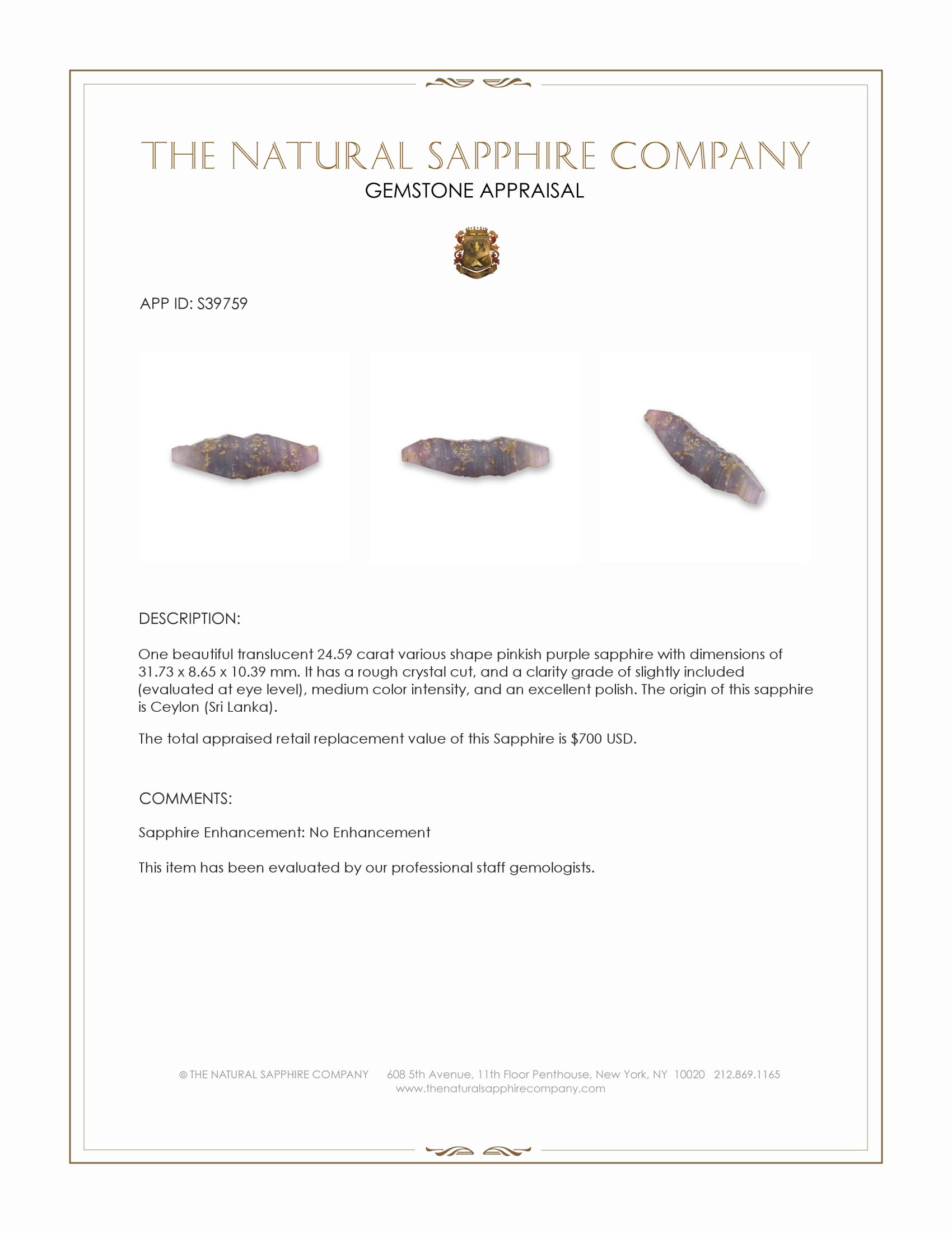24.59 Ct. Pinkish Purple Sapphire from Ceylon (Sri Lanka)