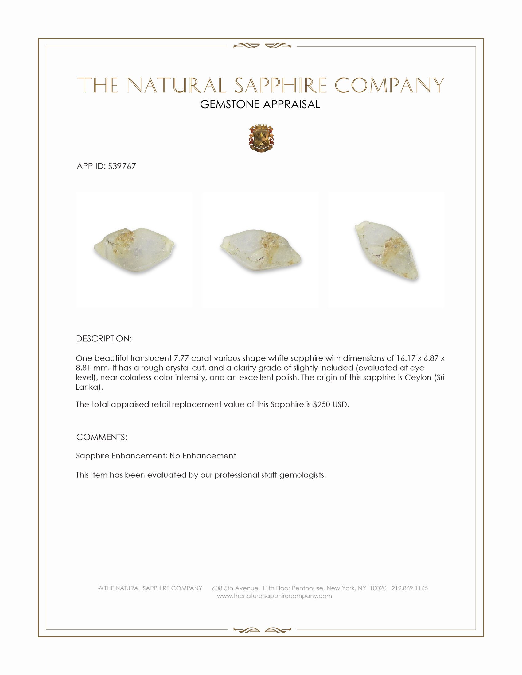 7.77 Ct. White Sapphire from Ceylon (Sri Lanka)