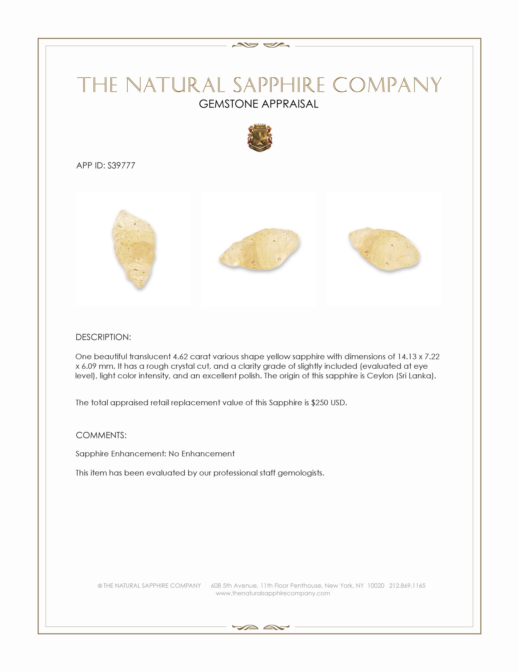 4.62 Ct. Yellow Sapphire from Ceylon (Sri Lanka)