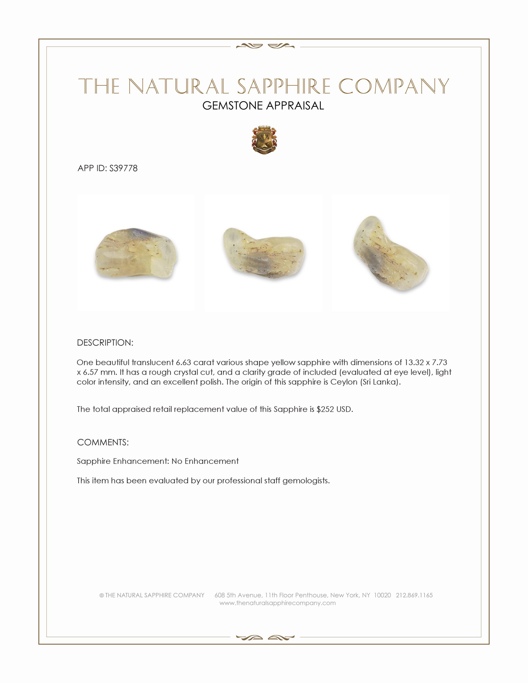 6.63 Ct. Yellow Sapphire from Ceylon (Sri Lanka)