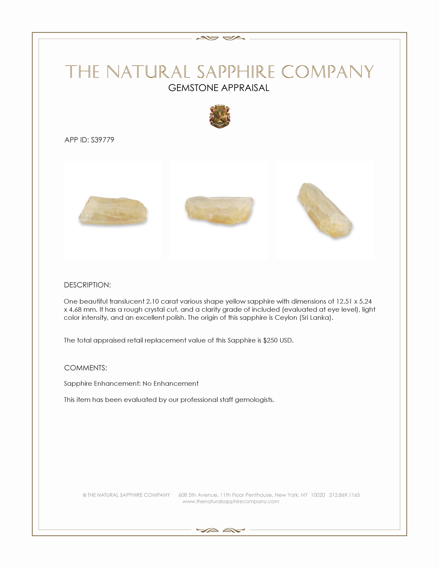 2.10 Ct. Yellow Sapphire from Ceylon (Sri Lanka)