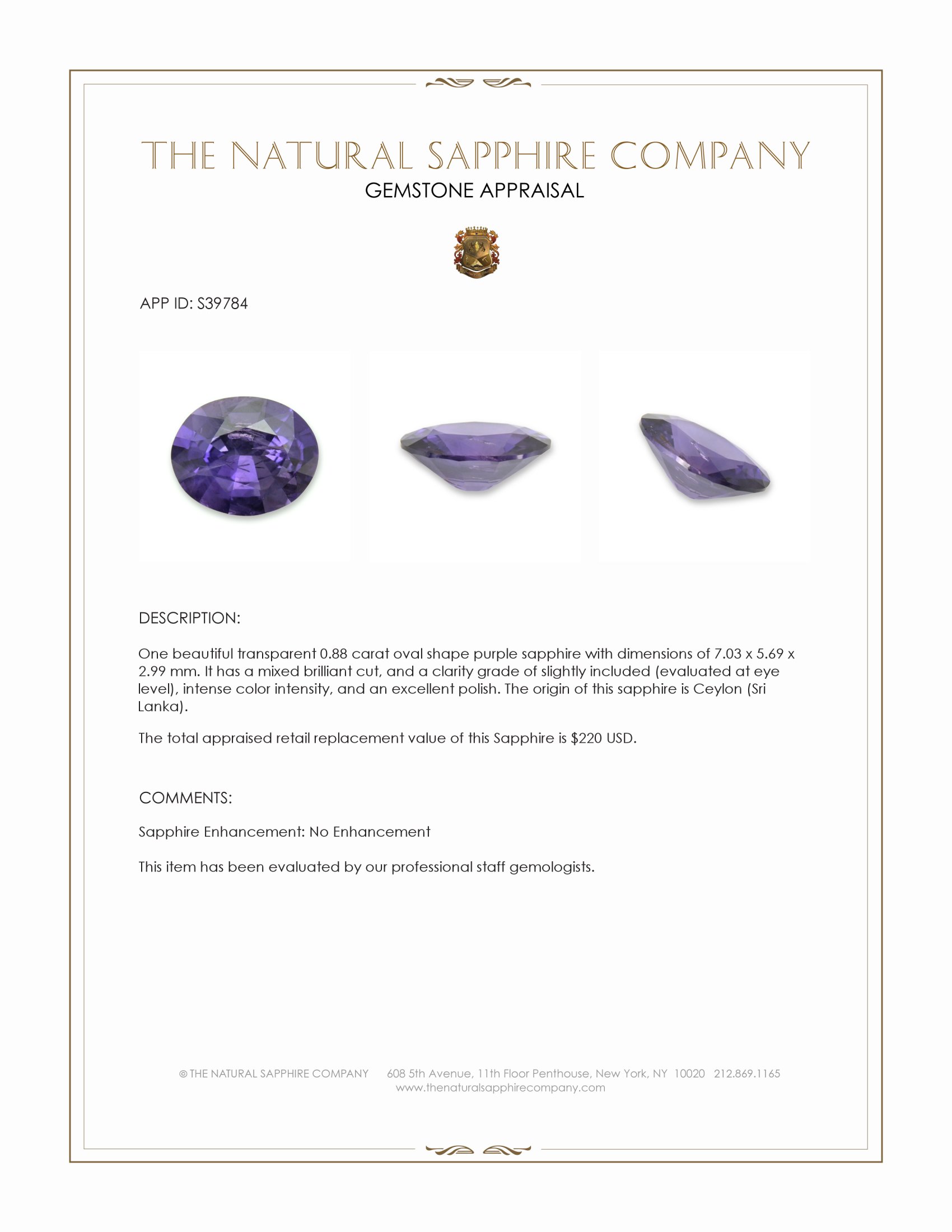 0.88 Ct. Purple Sapphire from Ceylon (Sri Lanka)