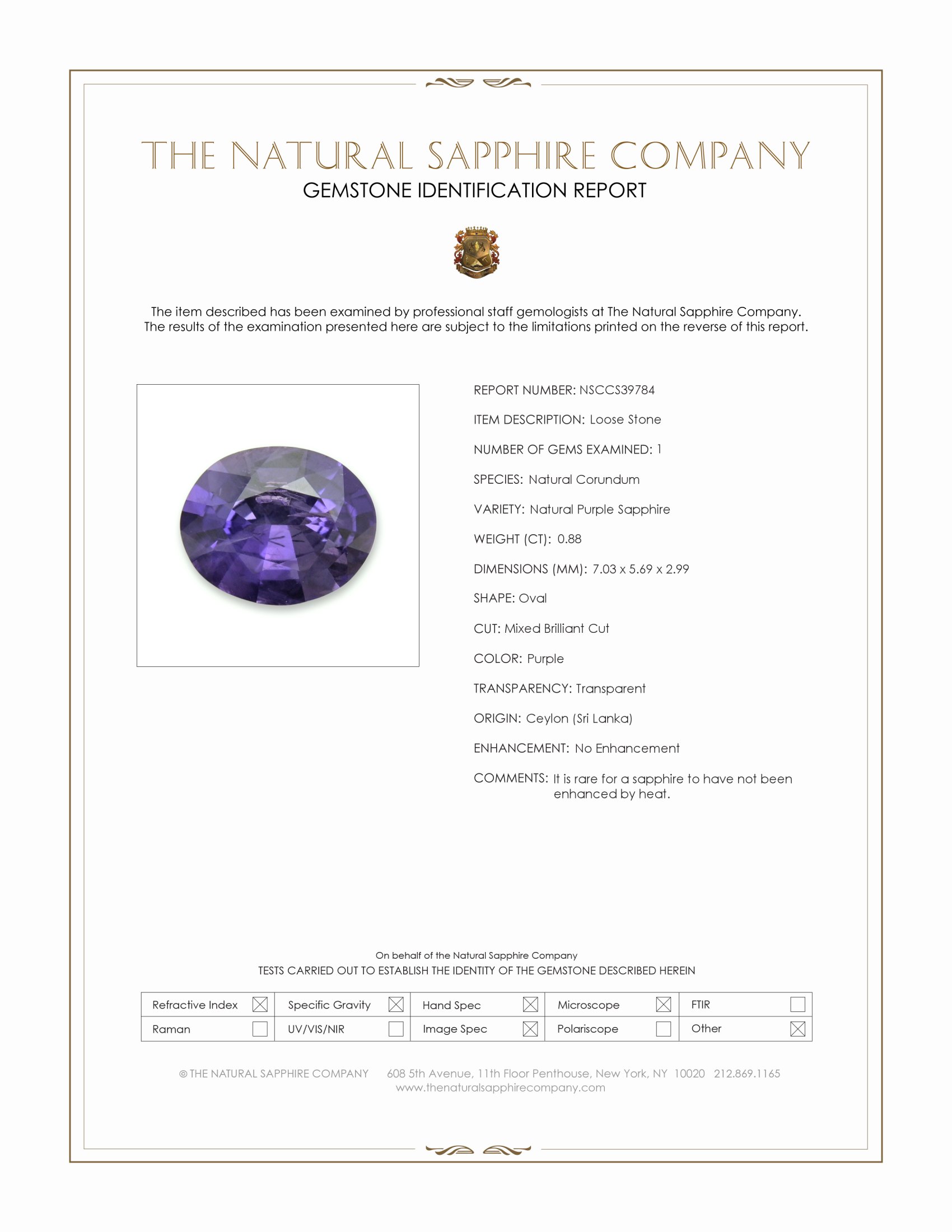 0.88 Ct. Purple Sapphire from Ceylon (Sri Lanka)