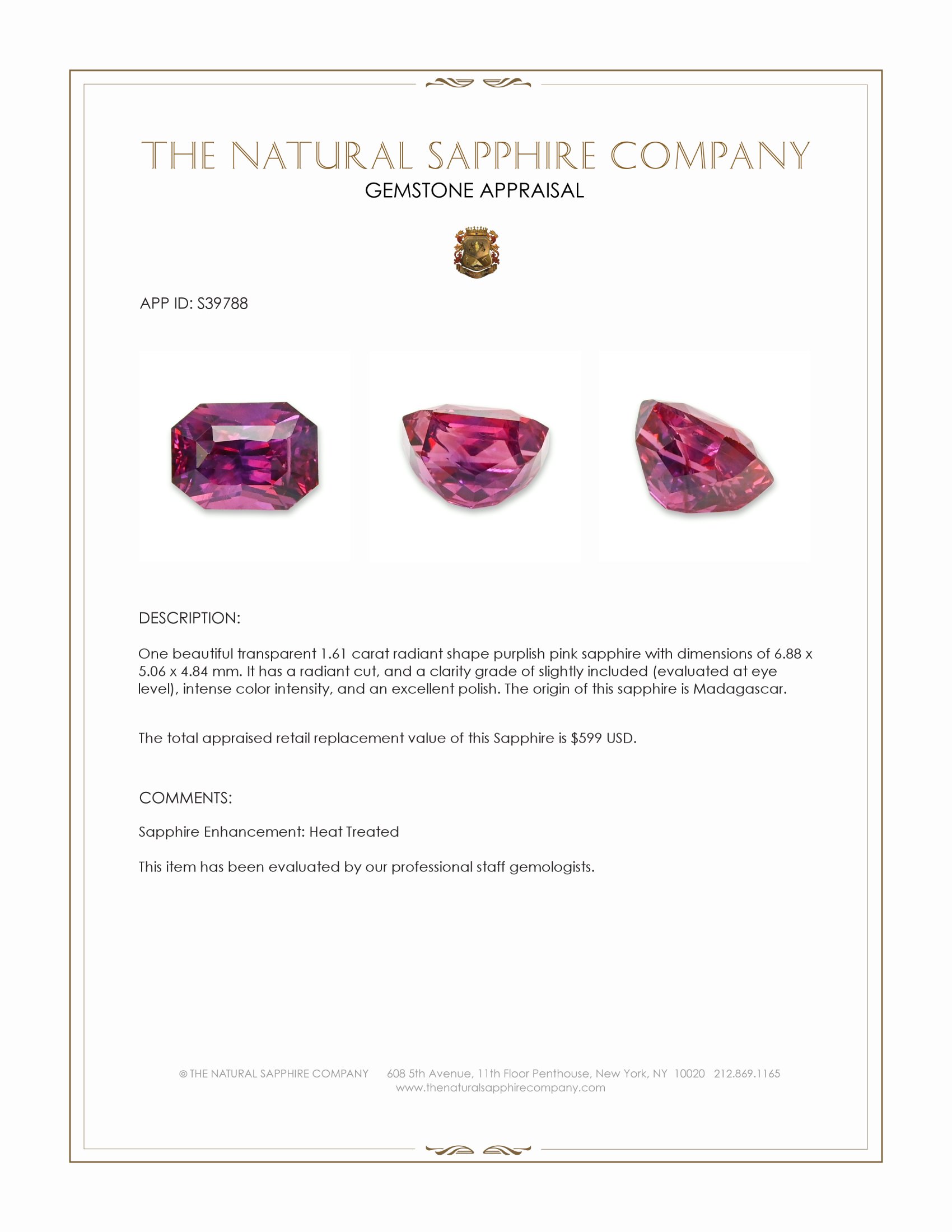 1.61 Ct. Purplish Pink Sapphire from Madagascar