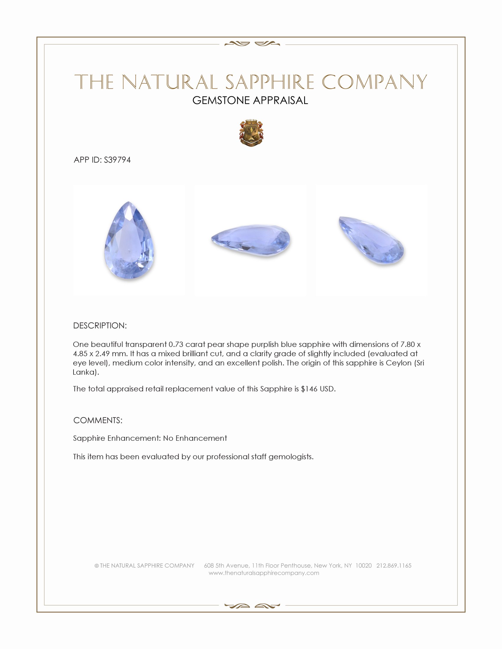 0.73 Ct. Purplish Blue Sapphire from Ceylon (Sri Lanka)