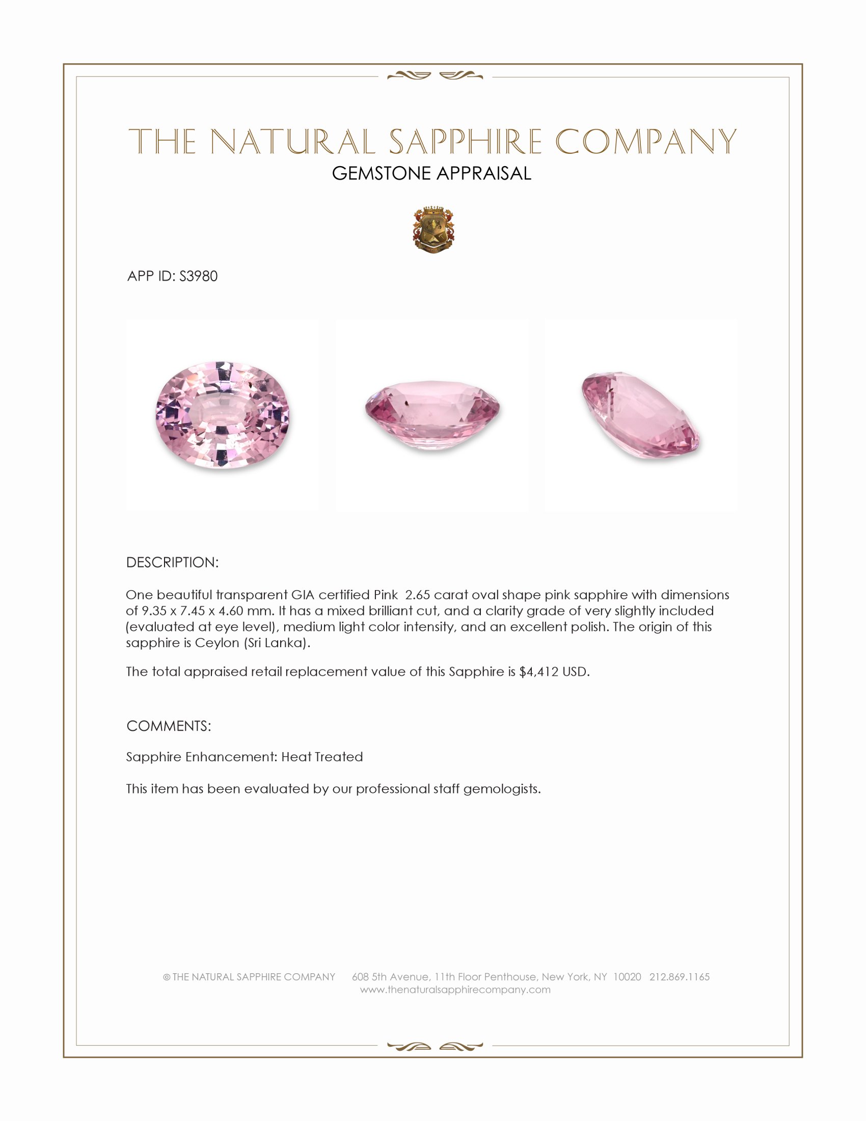 2.65 Ct. Pink Sapphire from Ceylon (Sri Lanka)