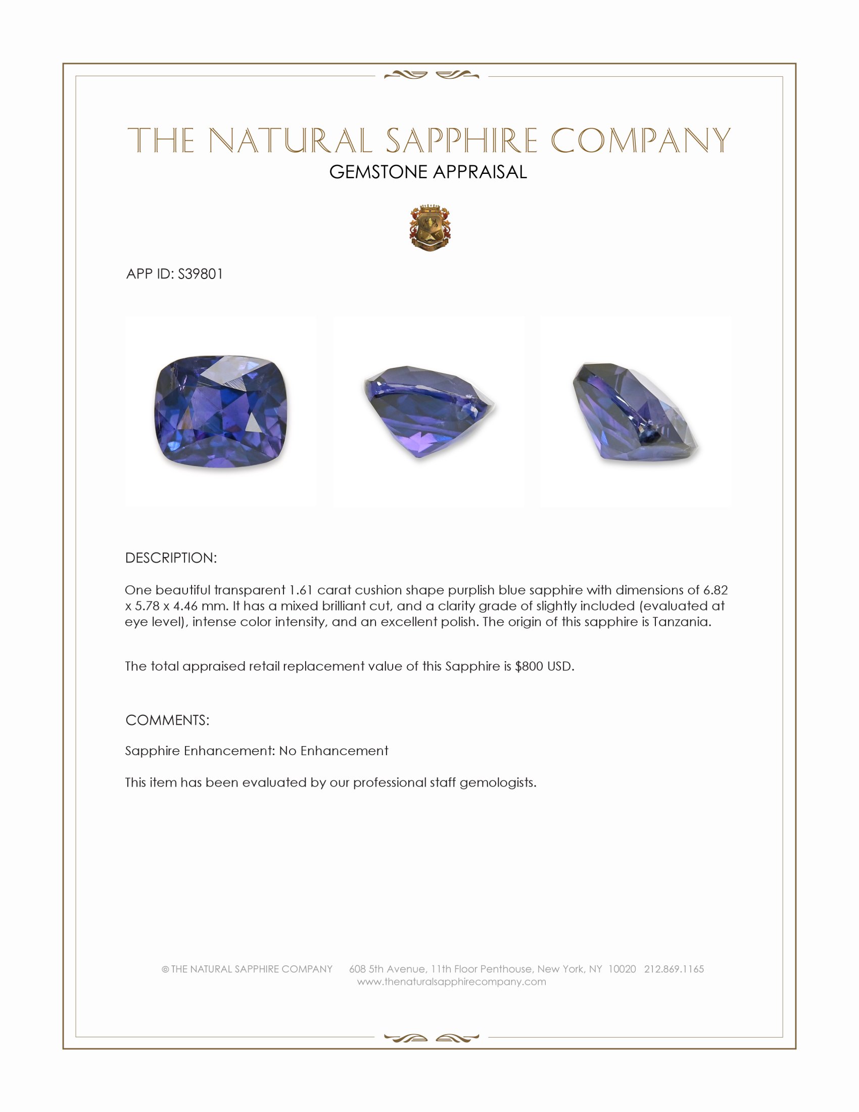 1.61 Ct. Purplish Blue Sapphire from Tanzania