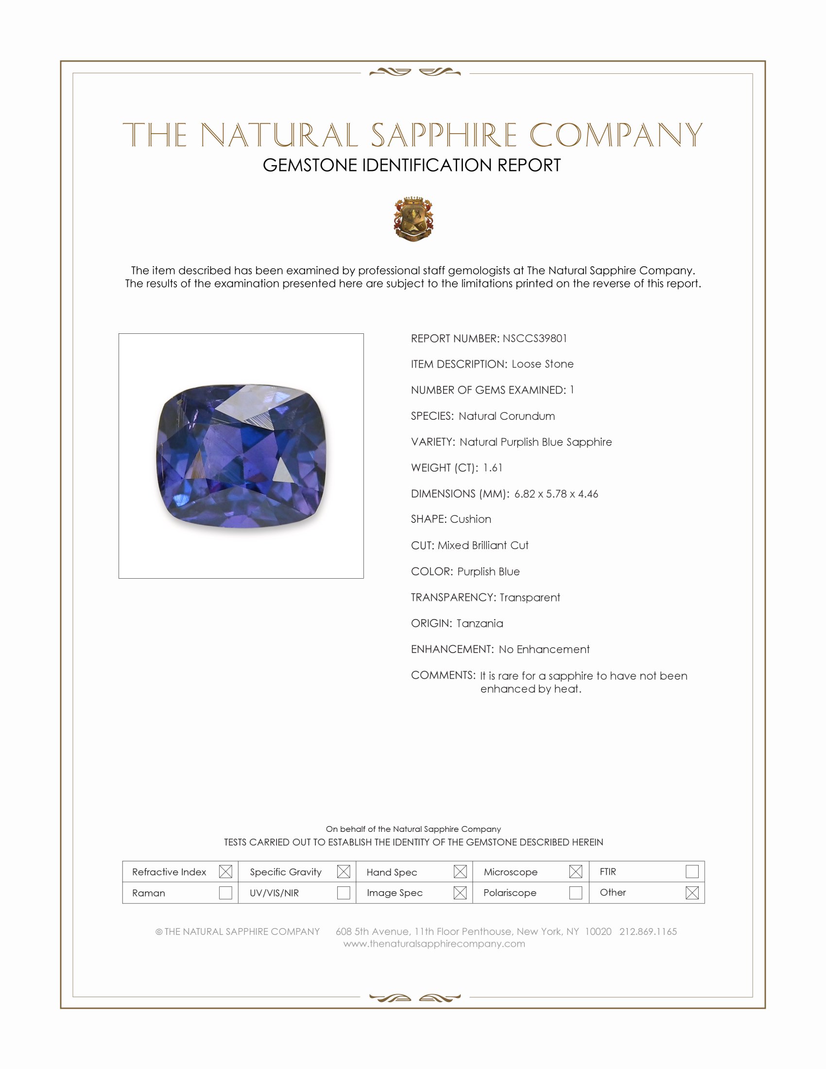 1.61 Ct. Purplish Blue Sapphire from Tanzania