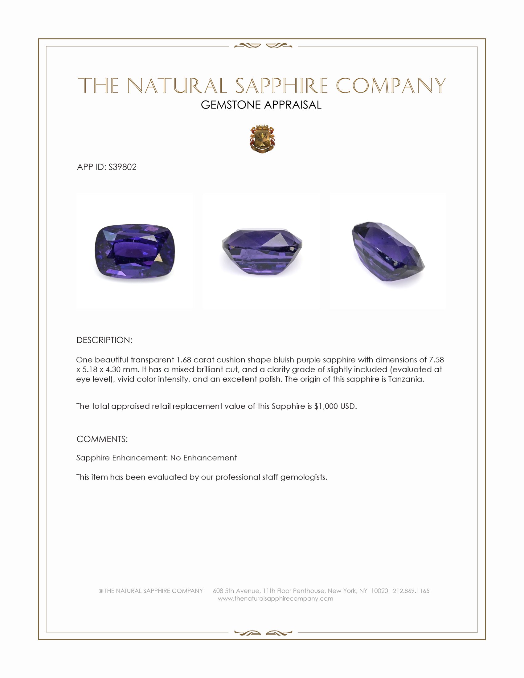 1.68 Ct. Bluish Purple Sapphire from Tanzania
