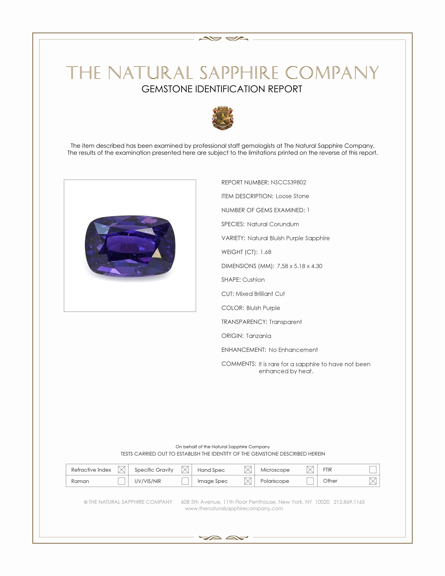 1.68 Ct. Bluish Purple Sapphire from Tanzania