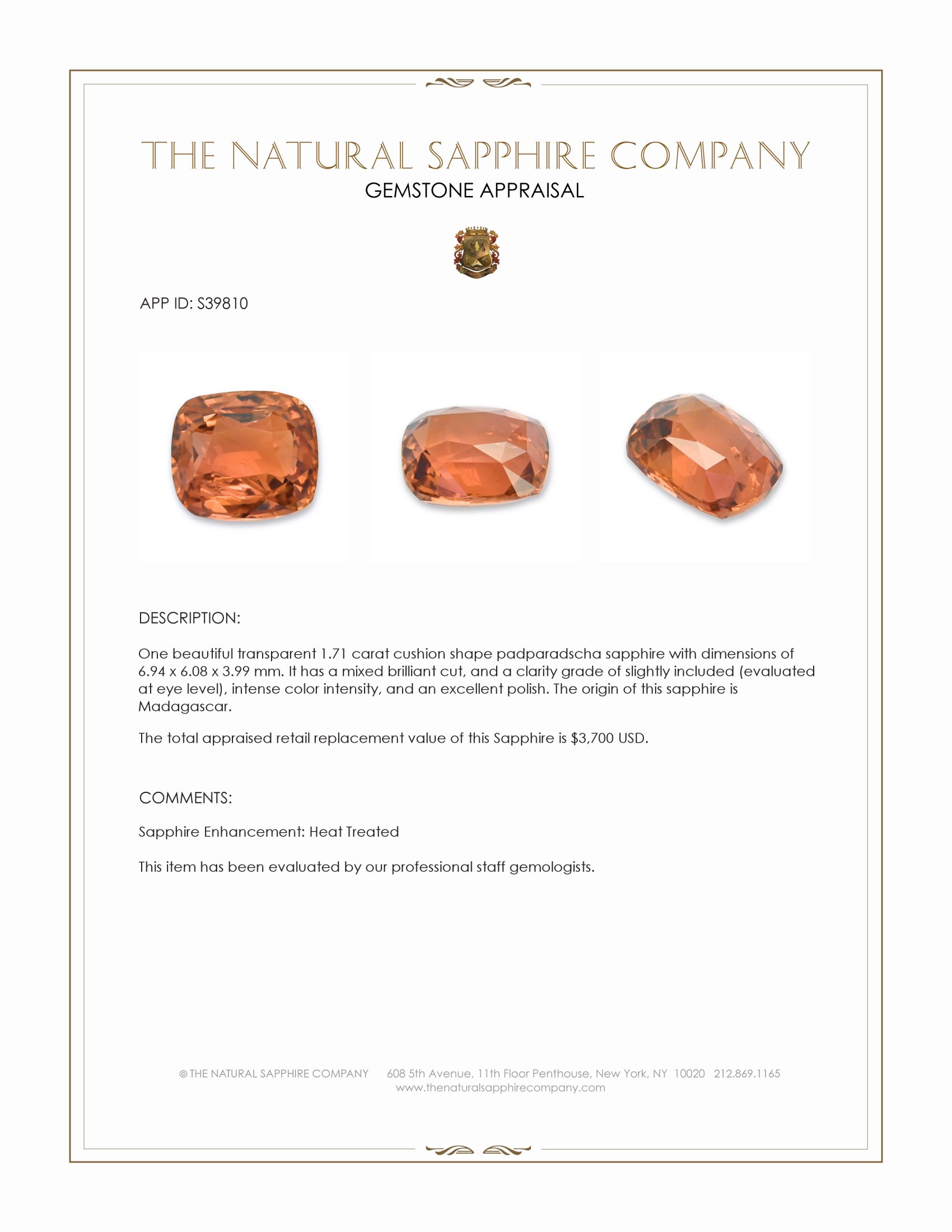 1.71 Ct. Padparadscha Sapphire from Madagascar