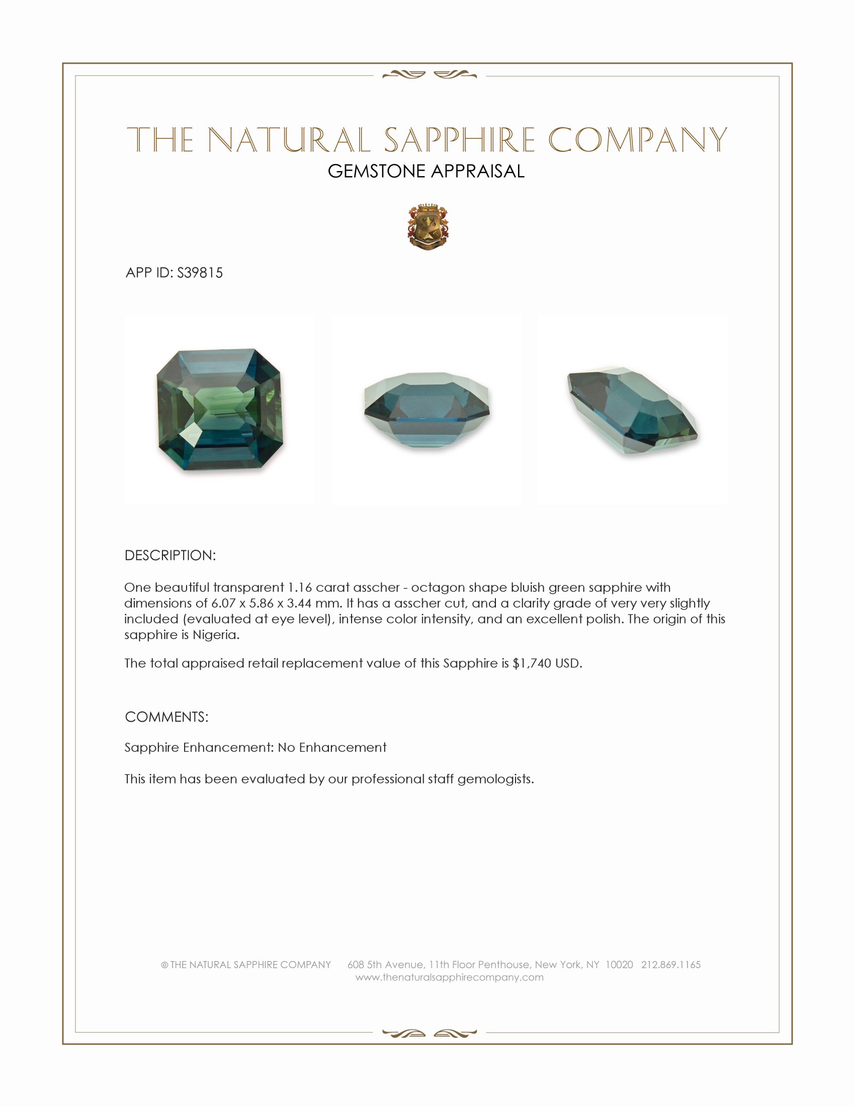 1.16 Ct. Bluish Green Sapphire from Nigeria