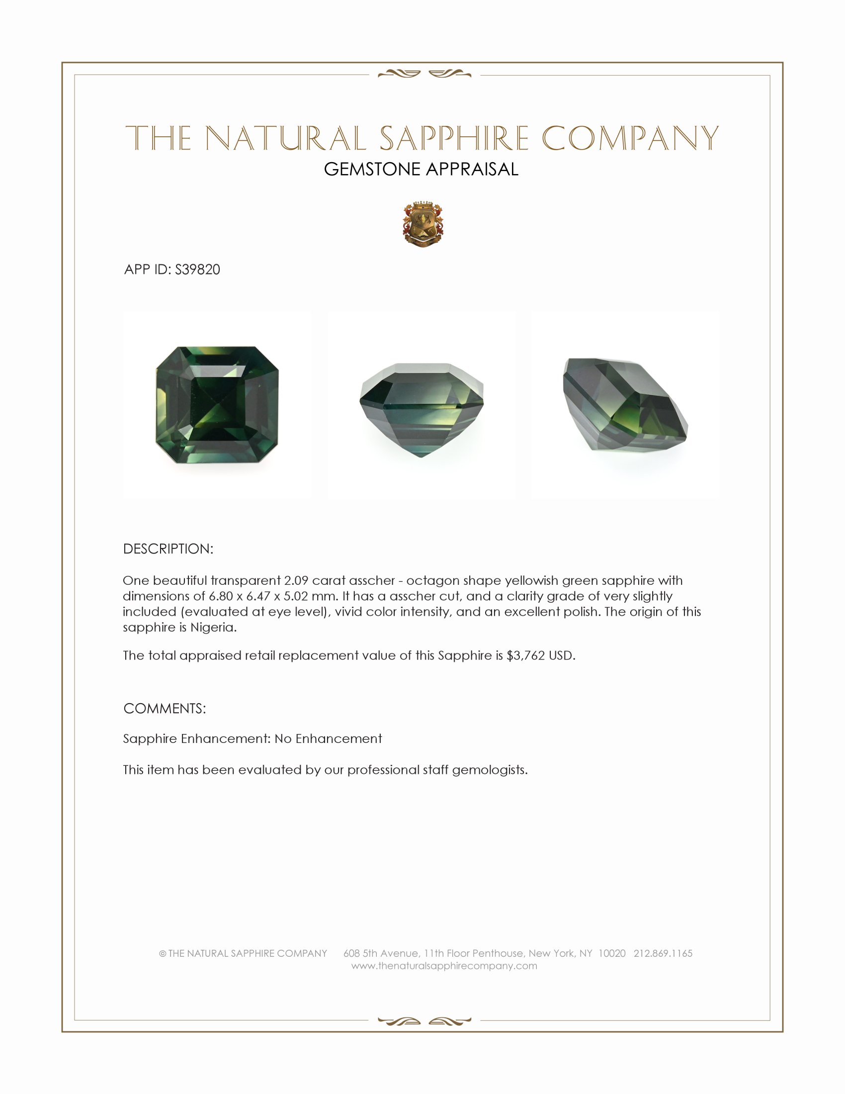 2.09 Ct. Yellowish Green Sapphire from Nigeria