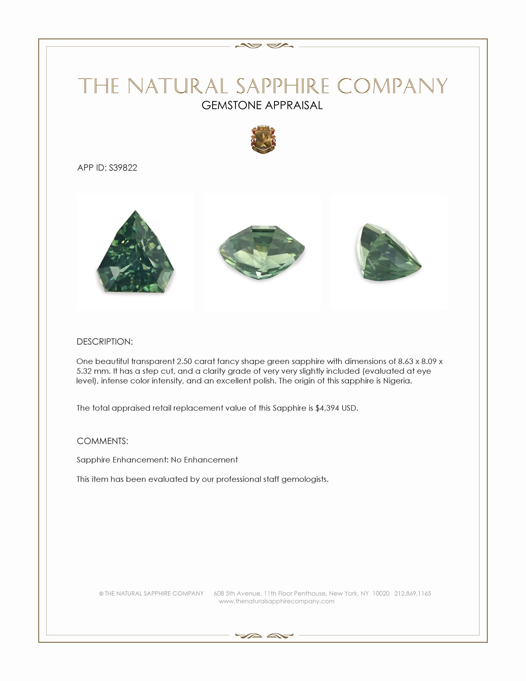 2.50 Ct. Green Sapphire from Nigeria